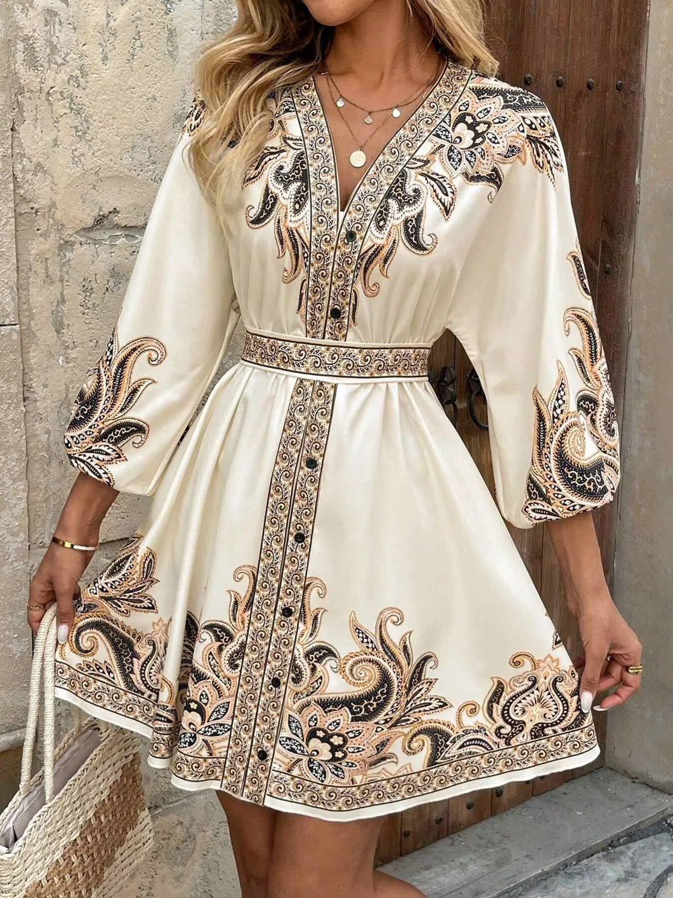 Paisley Print V-Neck Belted Mini Dress