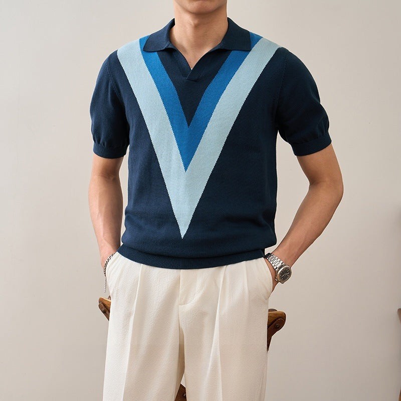 V-neck contrasting splicing knitted polo shirt