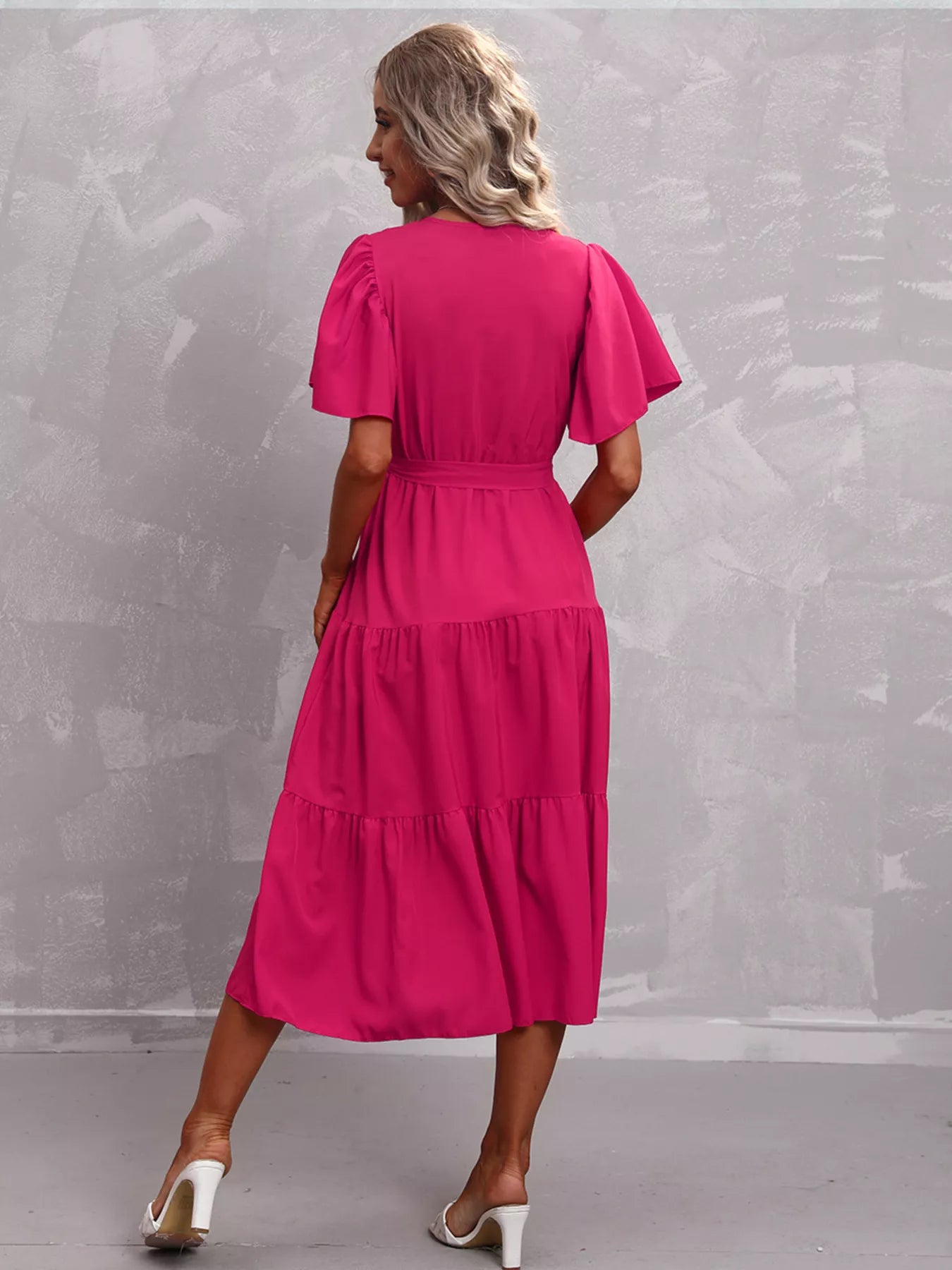 Flutter Sleeve Tiered Midi Dress