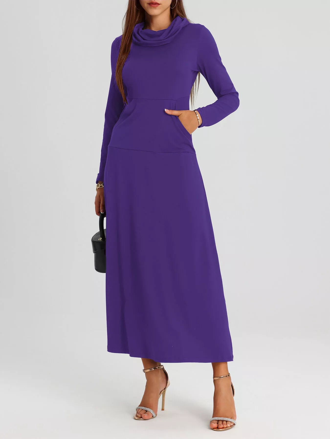 Cowl Neck Long Sleeve Midi Dress