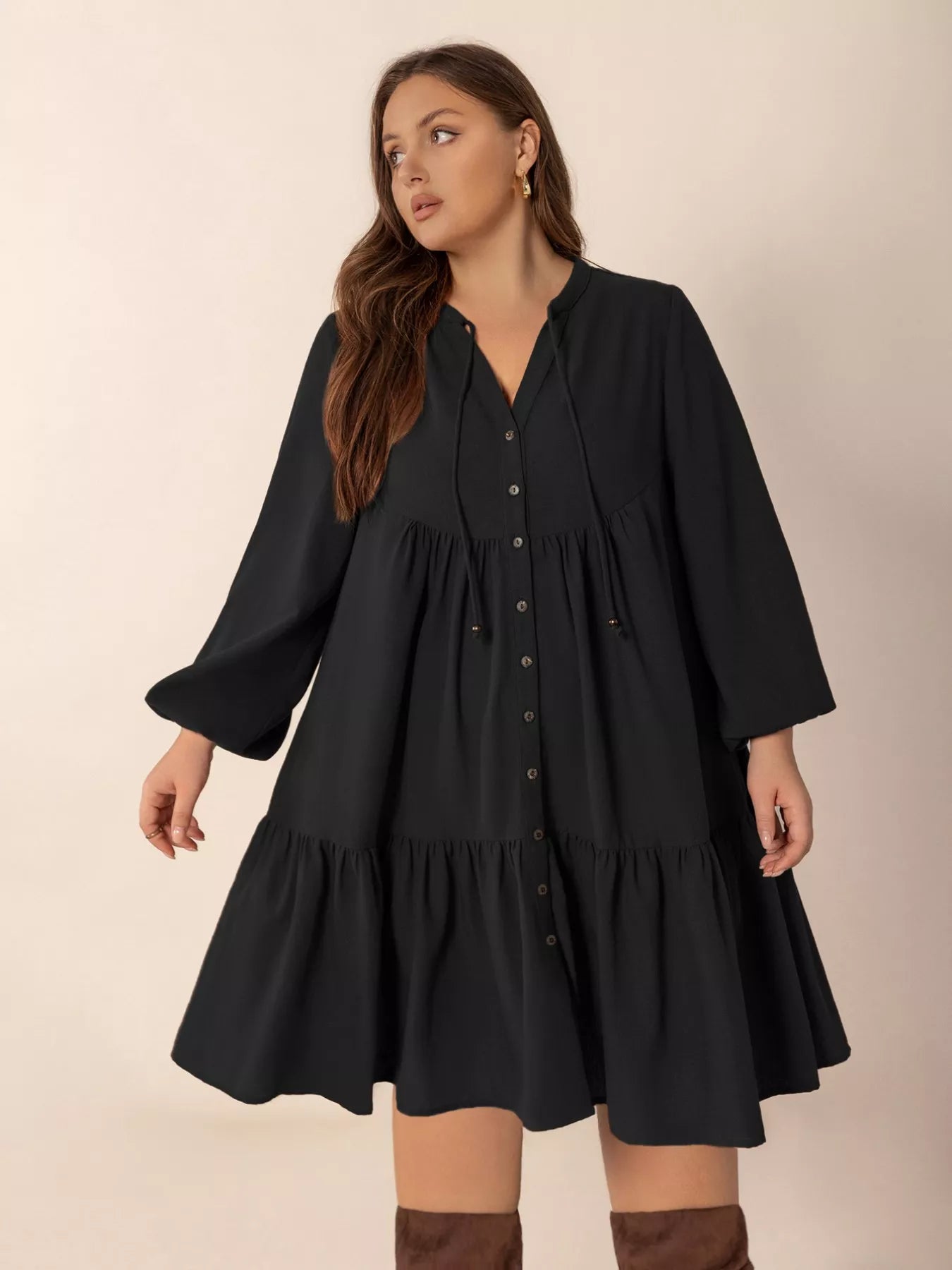 Plus Size Button Front Balloon Sleeve Dress