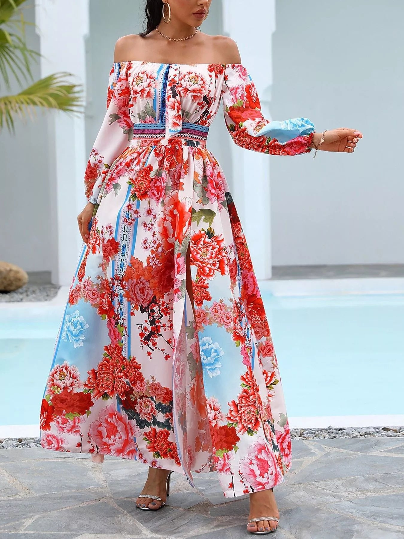 Slit Printed Off Shoulder Maxi Dress