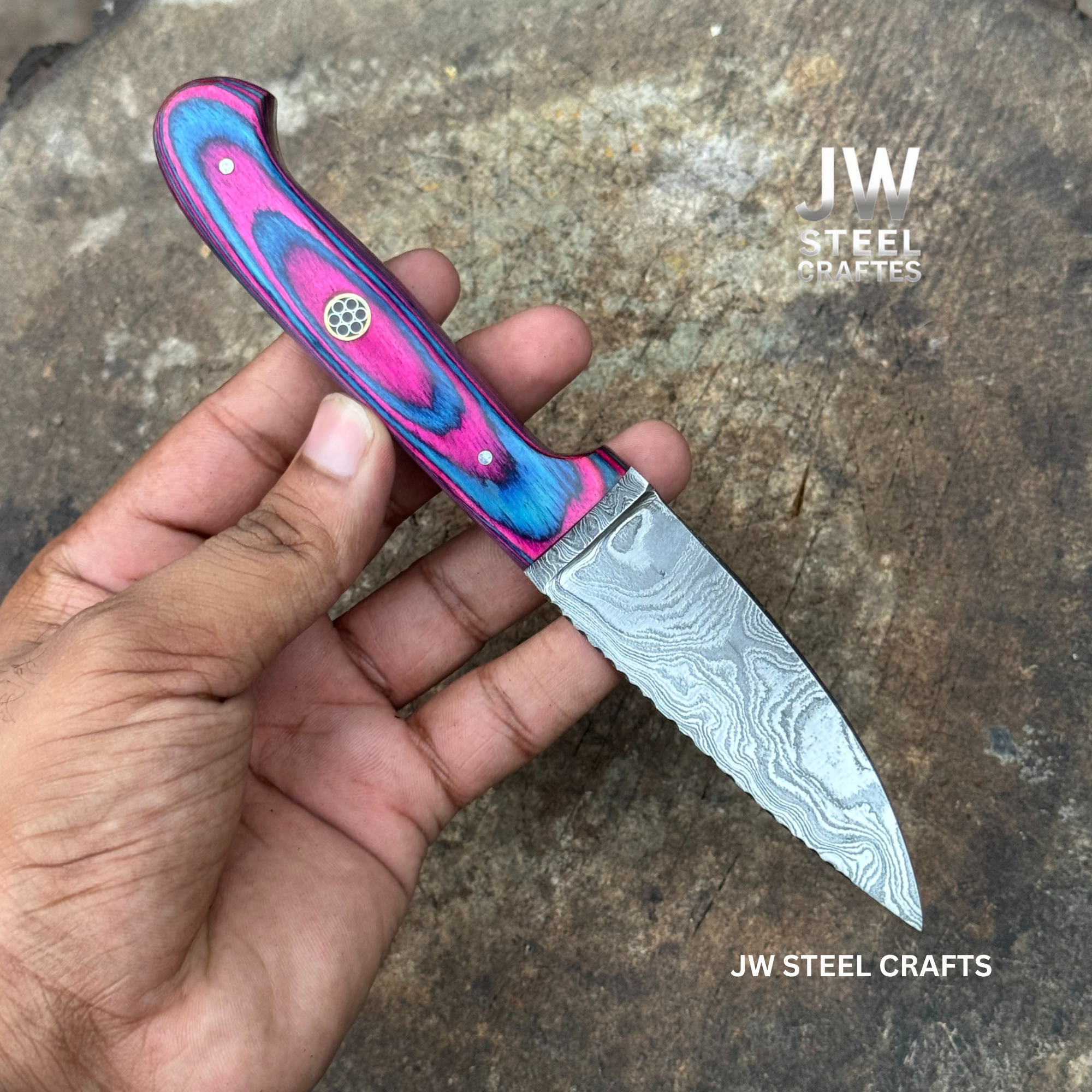 Twilight Resin Bushcraft Knife 8" Pink & Blue Pakka Wood Handle | JW SteelCrafts