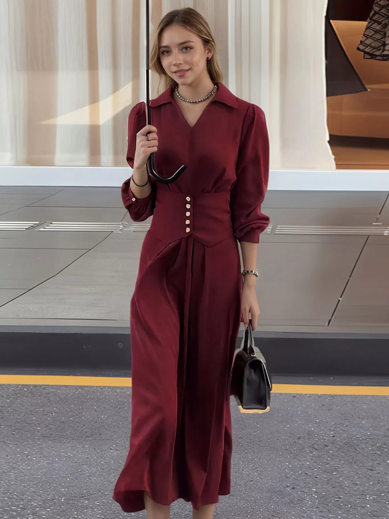 Johnny Collar Long Sleeve Dress