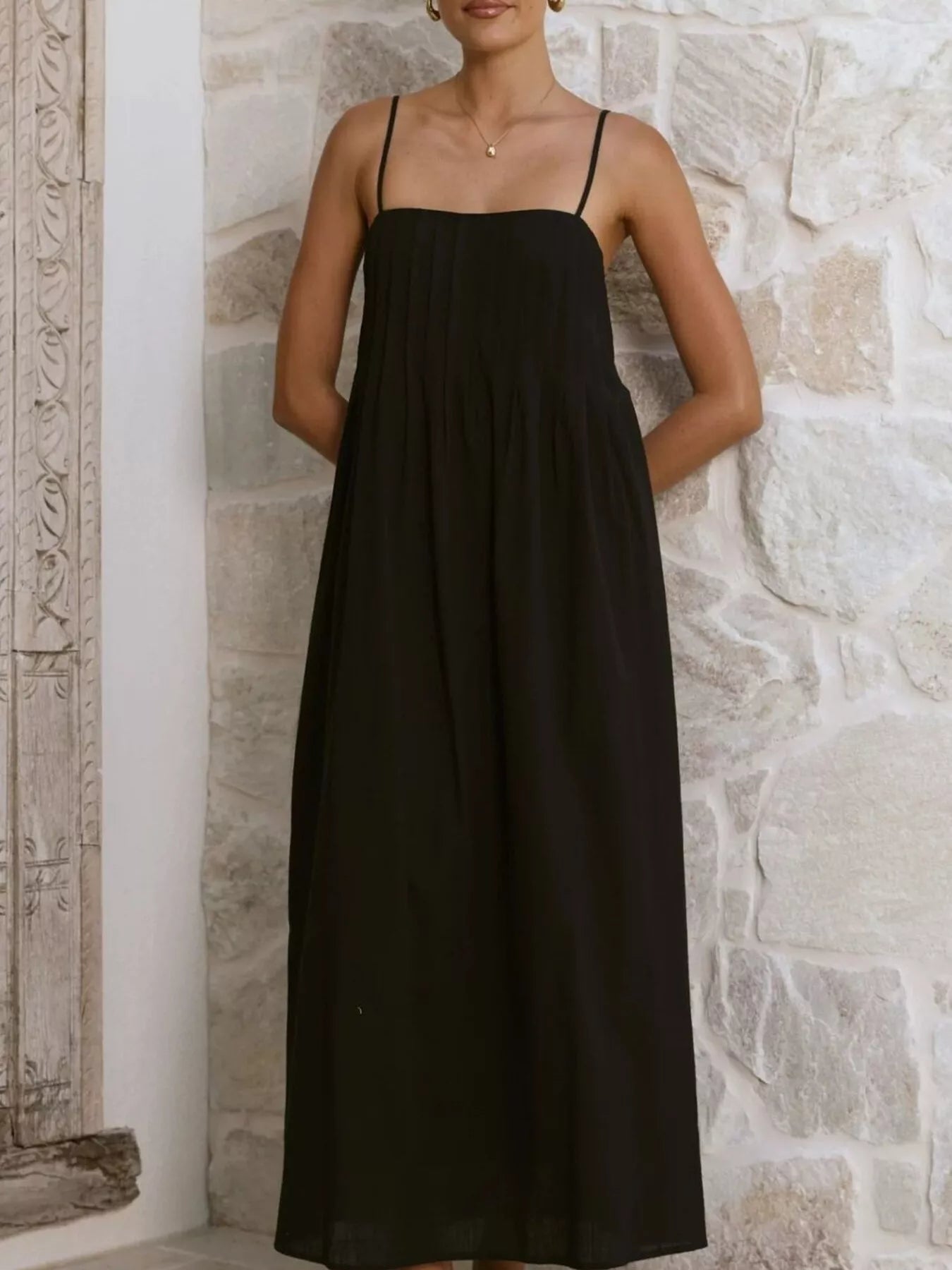 Pleated Bodice Midi Cami Dress