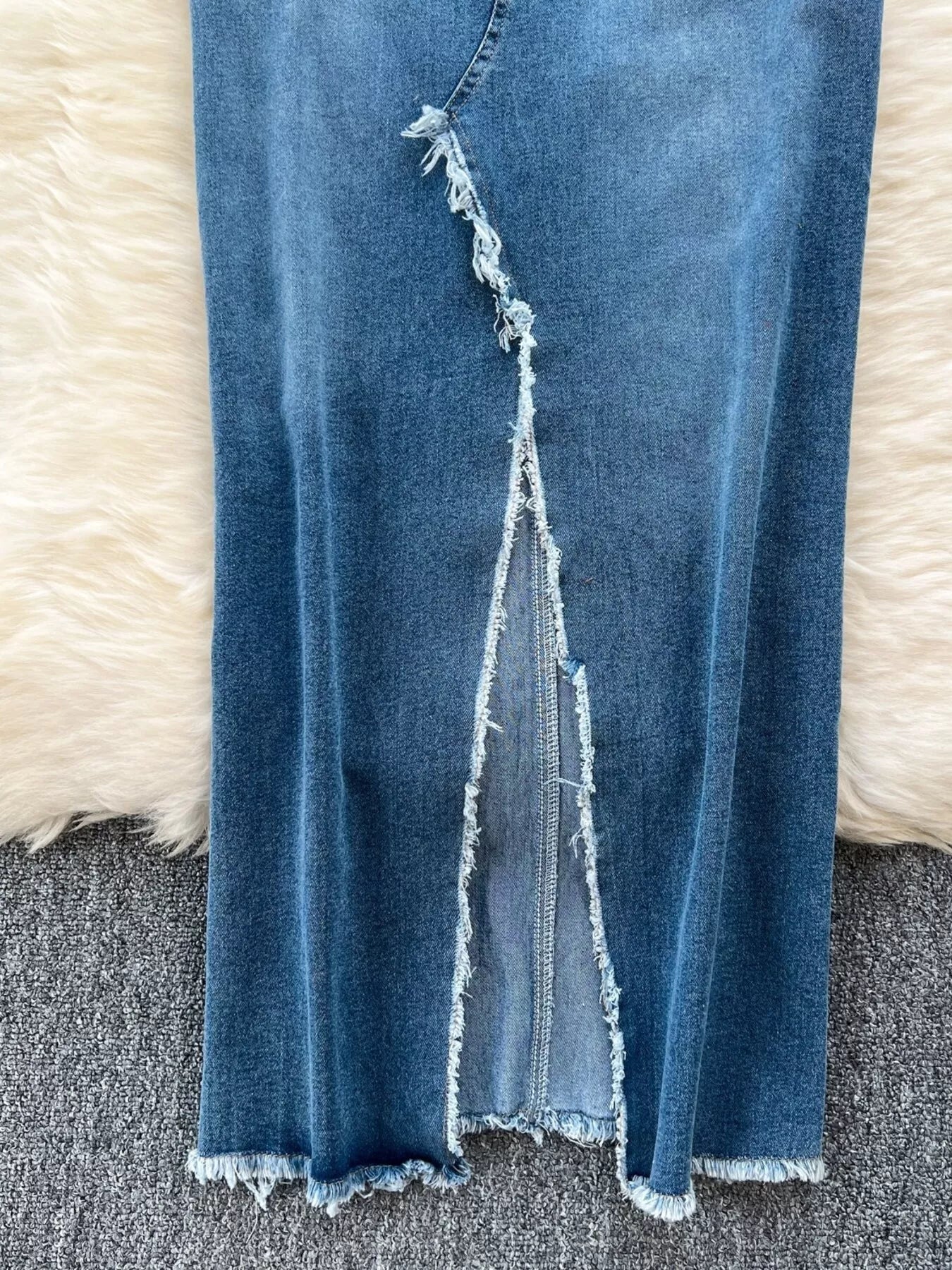 Sleeveless Frayed Hem Slit Denim Dress
