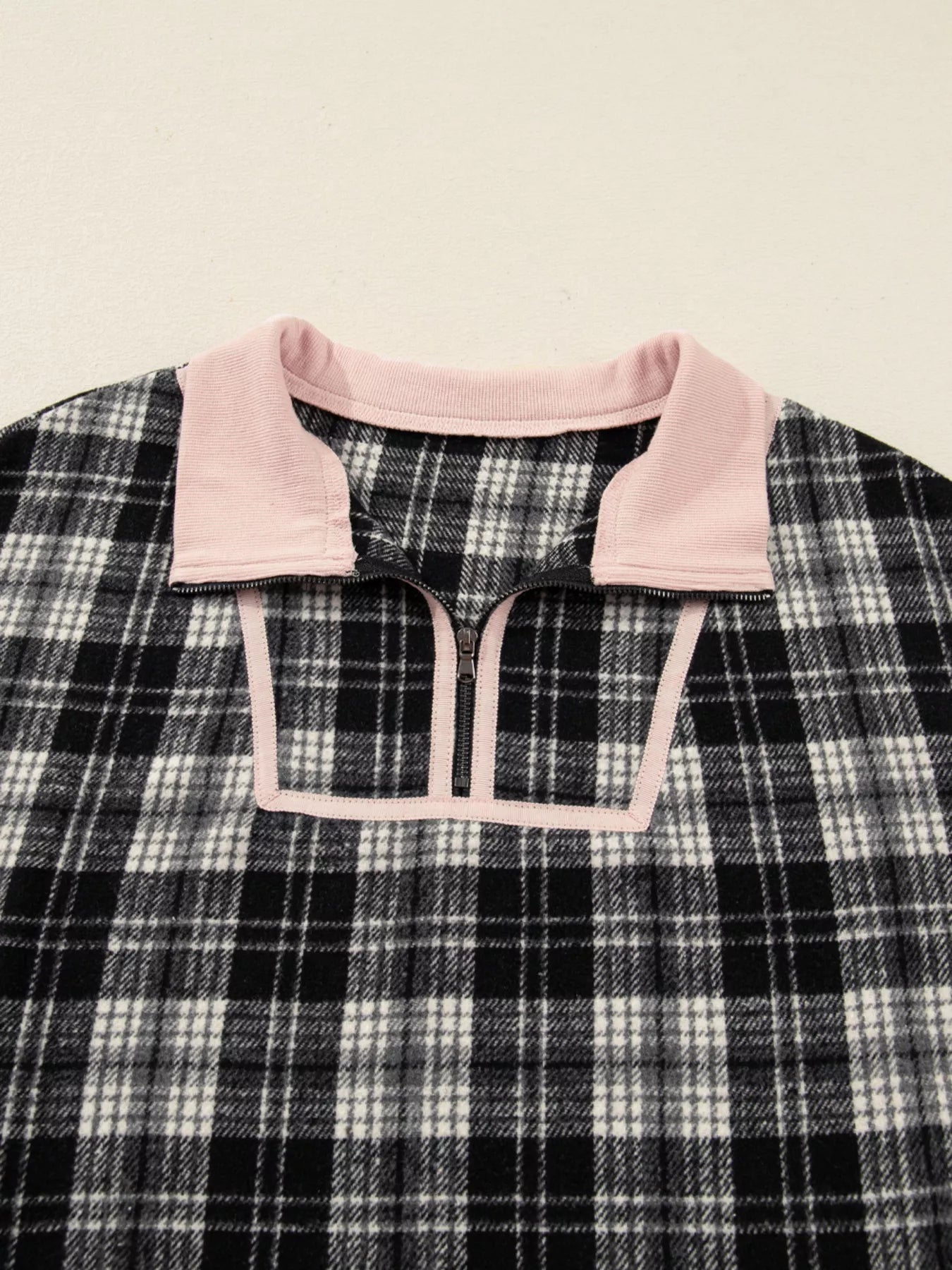 Plaid Polo Collar Zip up Contrast Trim Shift Long Sleeve Mini Dress