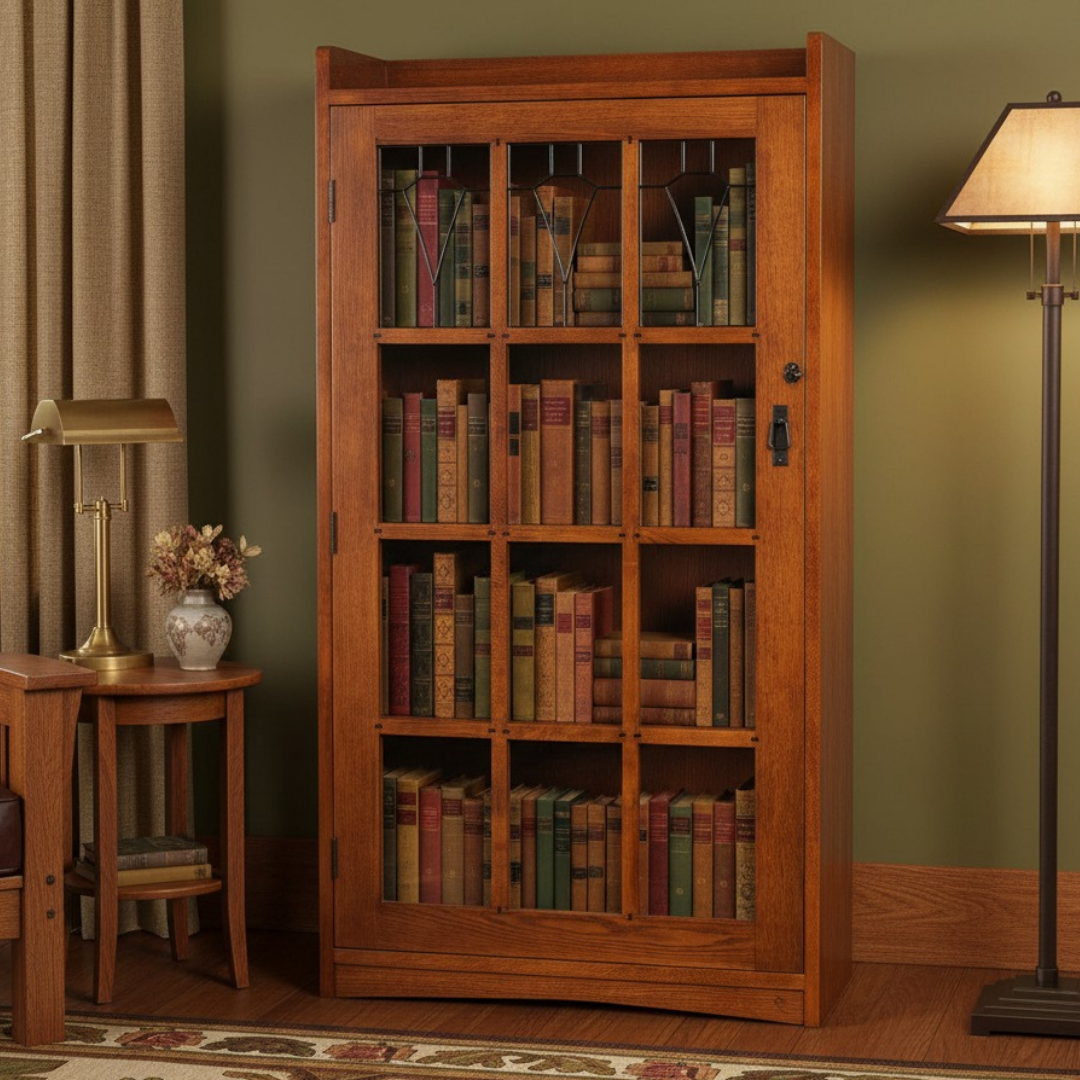 Mission Leaded Glass Bookcase with Lock & Key