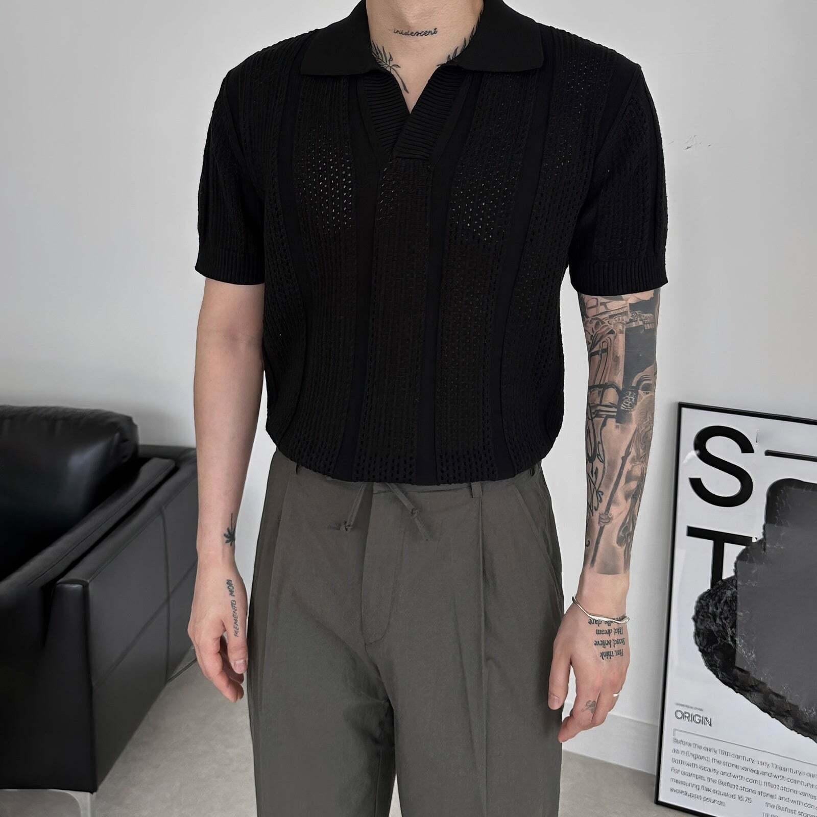 Hollow mesh texture knitted short sleeved polo shirt T-shirt