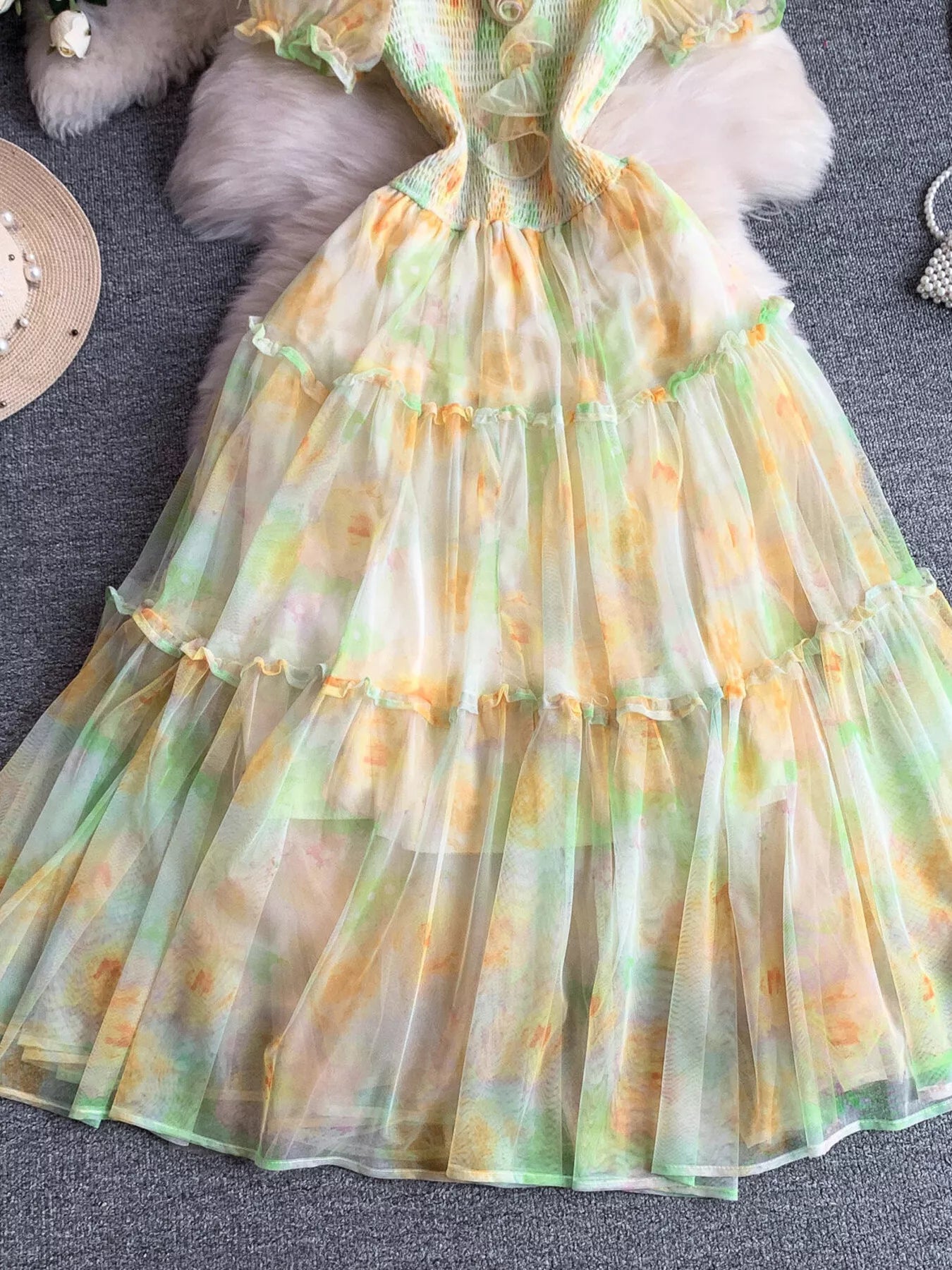 Smocked Floral Tiered Mesh Midi Dress