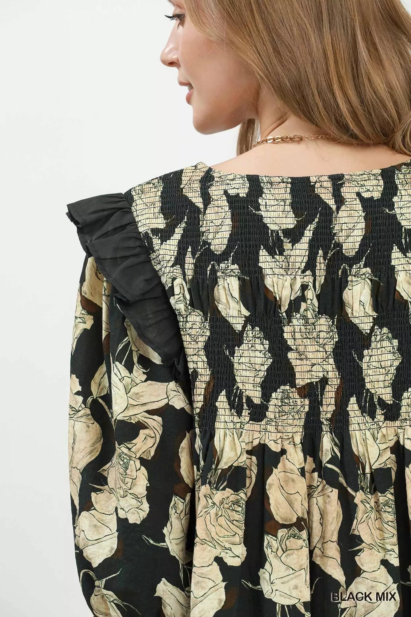 Umgee Mix Floral Print Smocked Ruffle Detail Flowy Dress