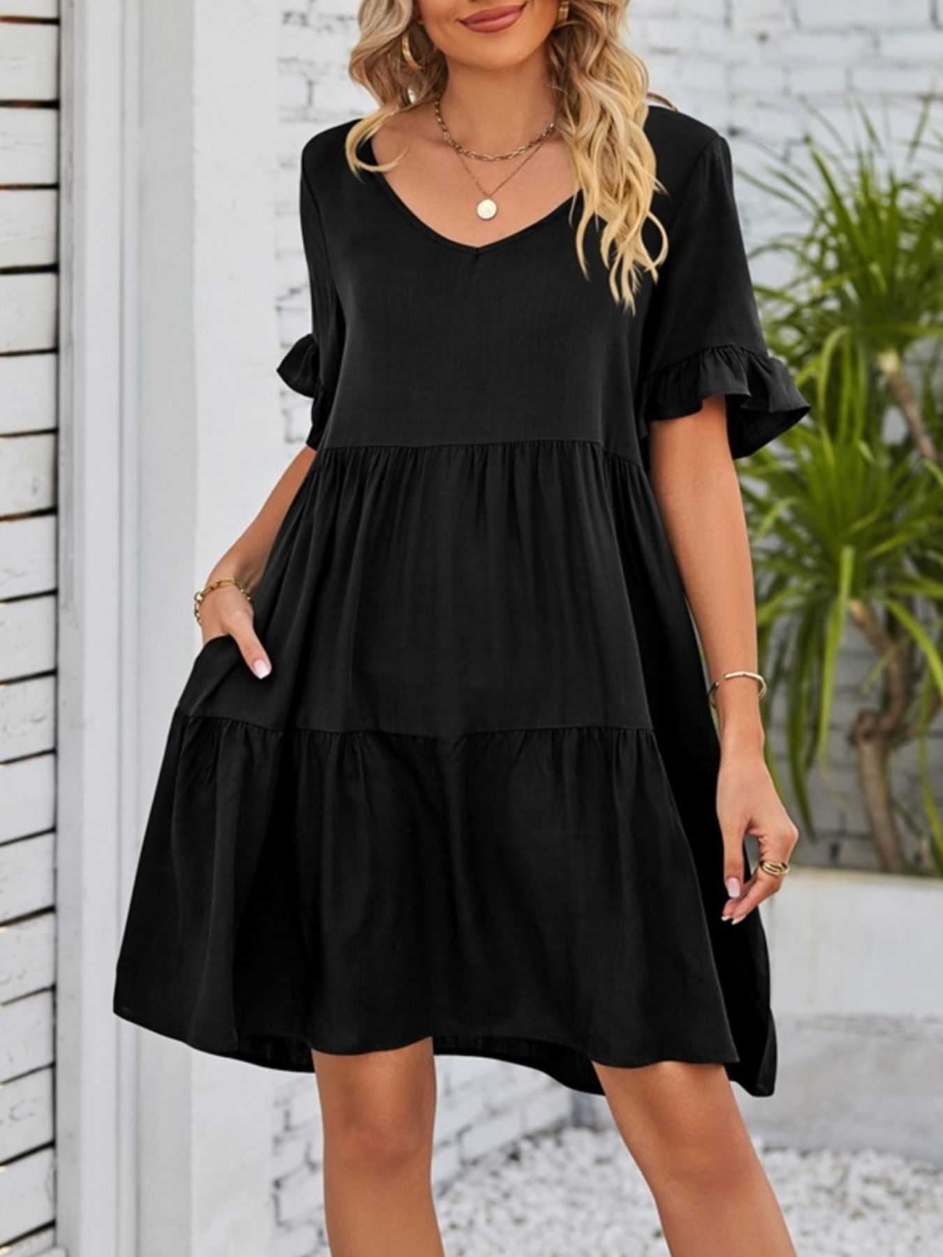 Ruffled Sleeve Tiered Mini Dress