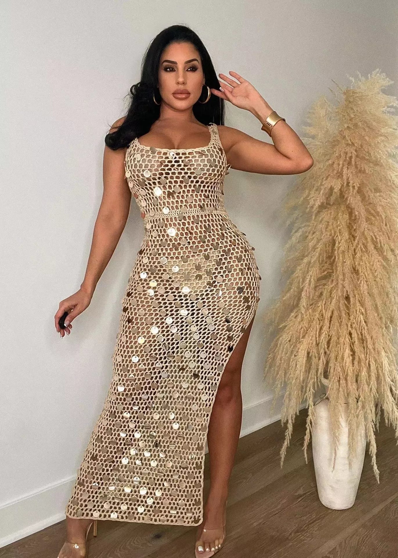 Sequin Embellished Crochet Maxi Dress with High Slit