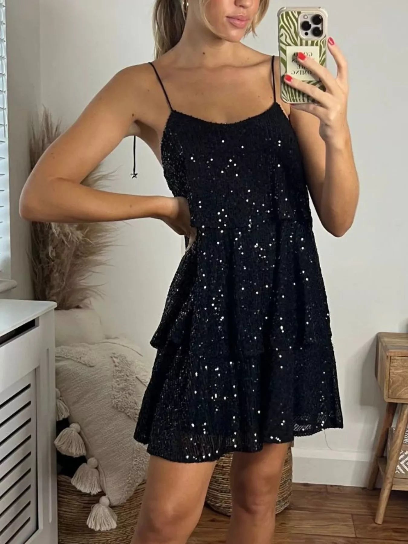 Full Size Sequin Tie Shoulder Mini Dress Plus Size