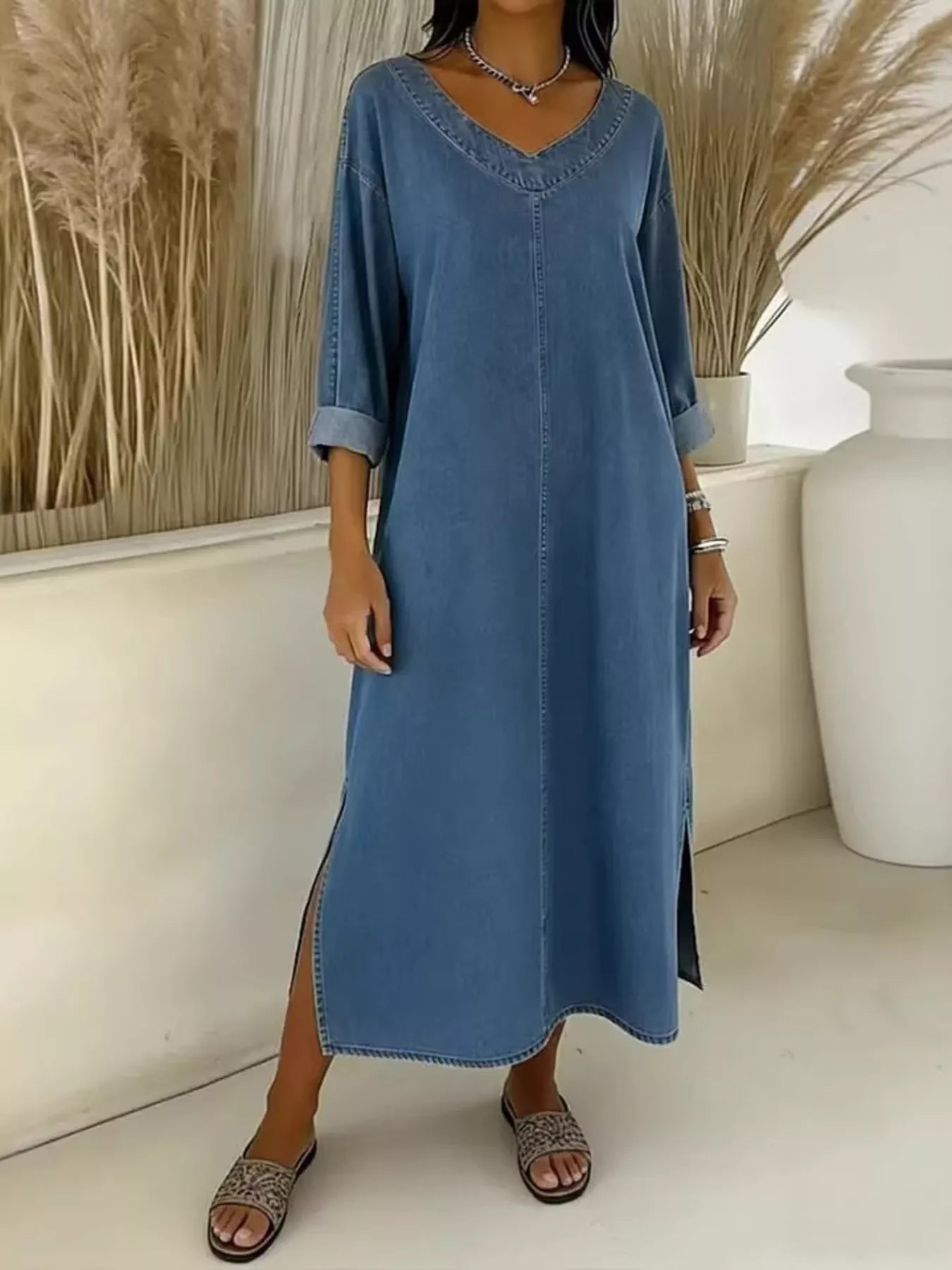 Side Slit V-Neck Midi Dress