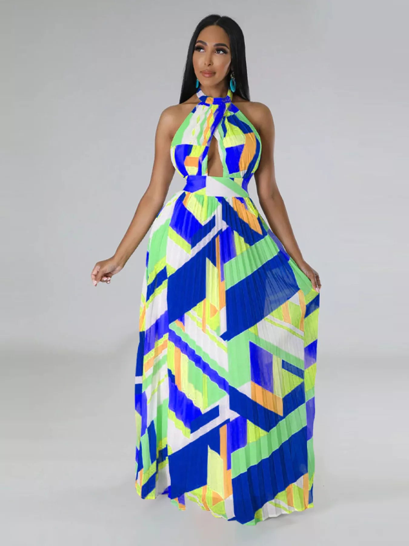 Halter Neck Geometric Print Pleated Maxi Dress