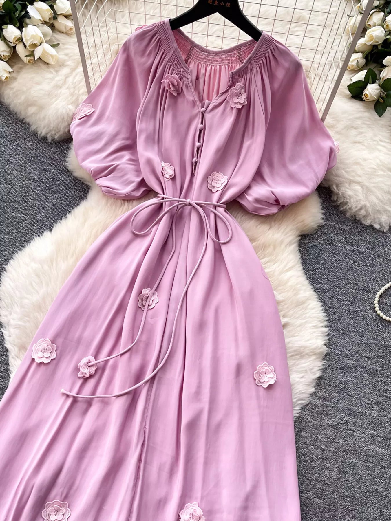 Floral Decor Tie Waist Puff Sleeve Dress