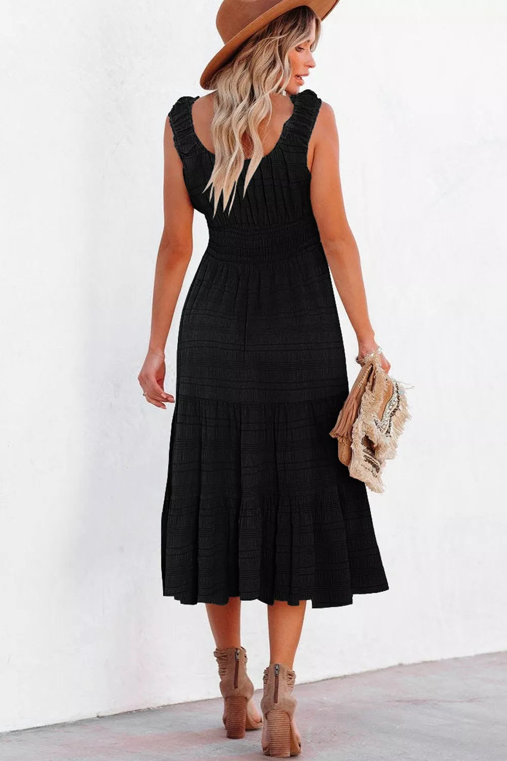 Sleeveless Smocked Tiered Dress with Pockets