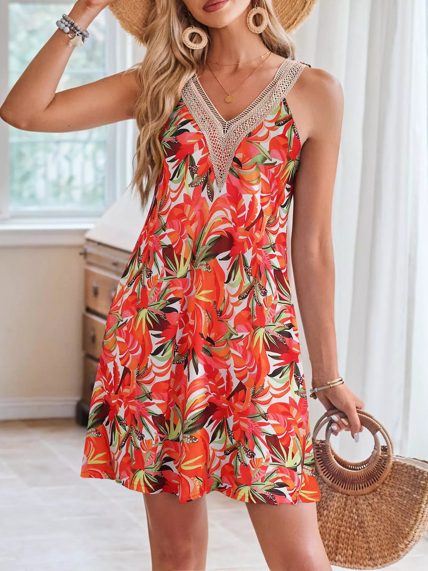 Tropical Leaf Print V-Neck Sleeveless Dress