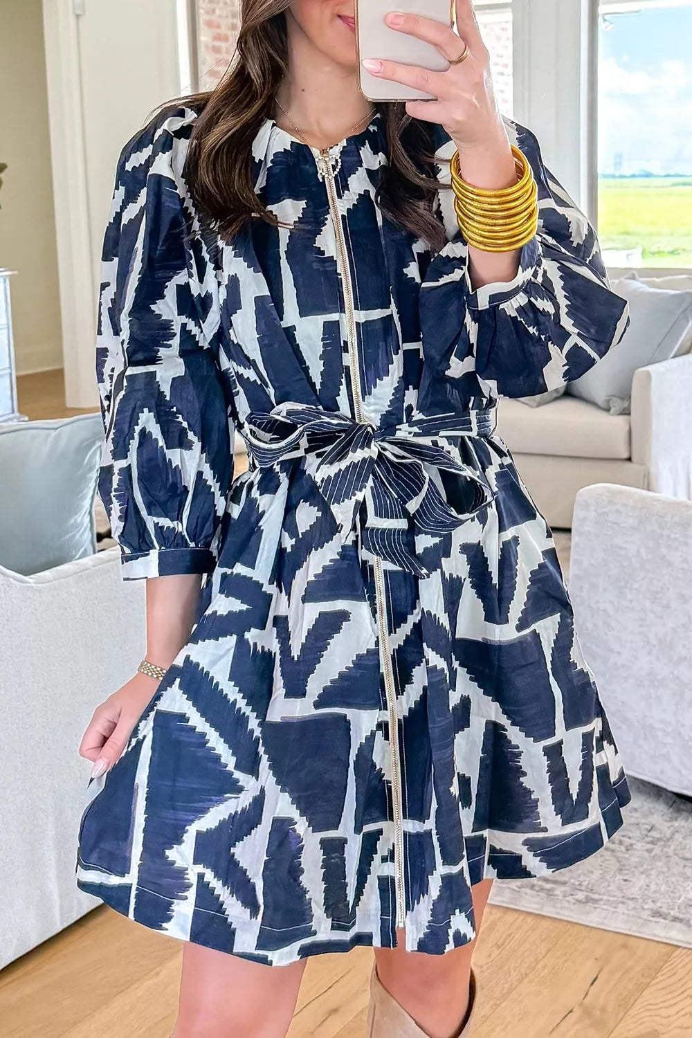 Abstract Geometric Print Zip Front Tie Waist Shift Dress