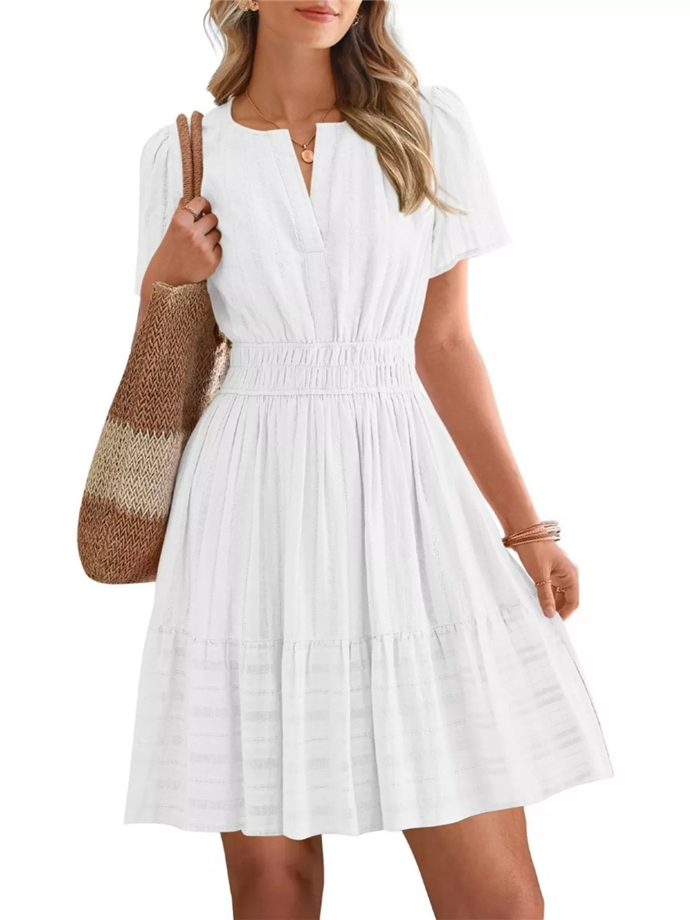 Short Sleeve Smocked Waist Tiered Dress