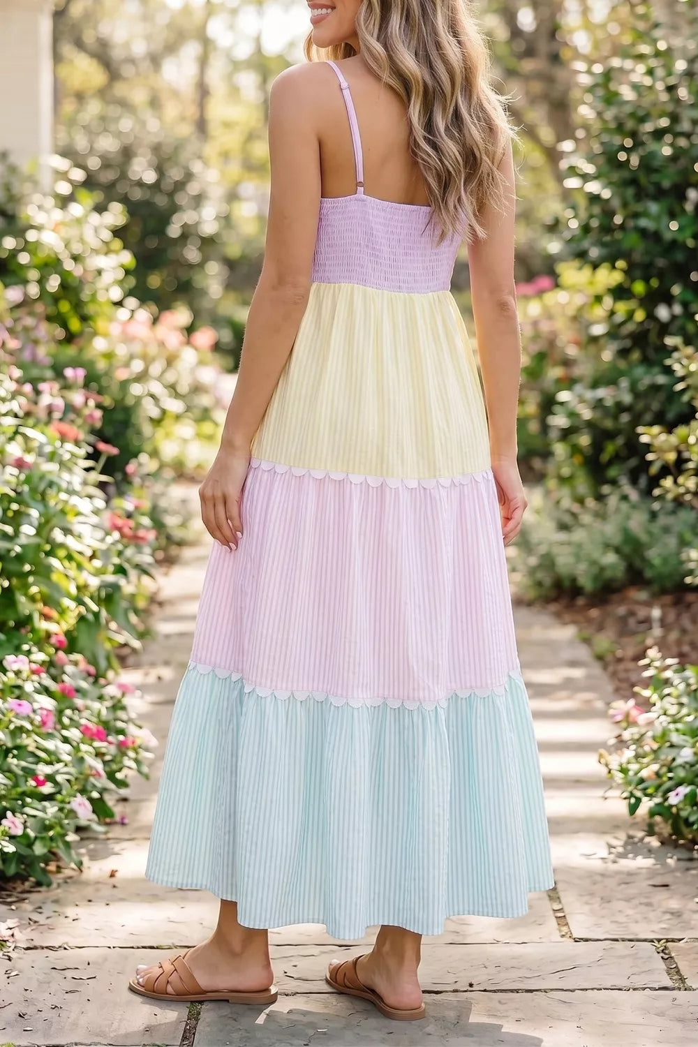 Striped Colorblock Adjustable Strap Scalloped Detail Long Dress