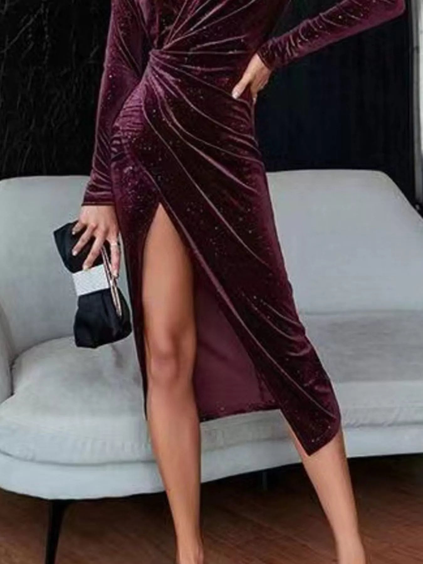 Velvet Ruched Slit Midi Dress
