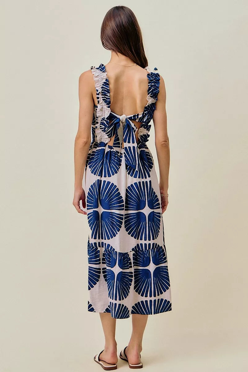 SO ME Abstract Print Smocked Bodice Tiered Lined Midi Dress