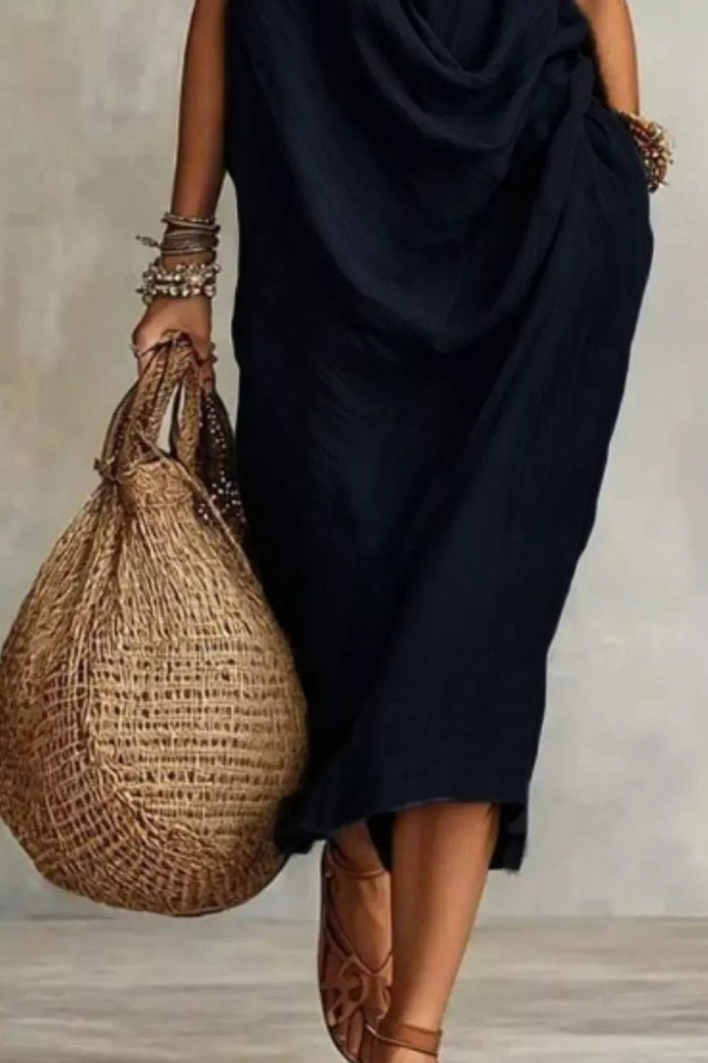 Sleeveless Drape Neck Midi Dress
