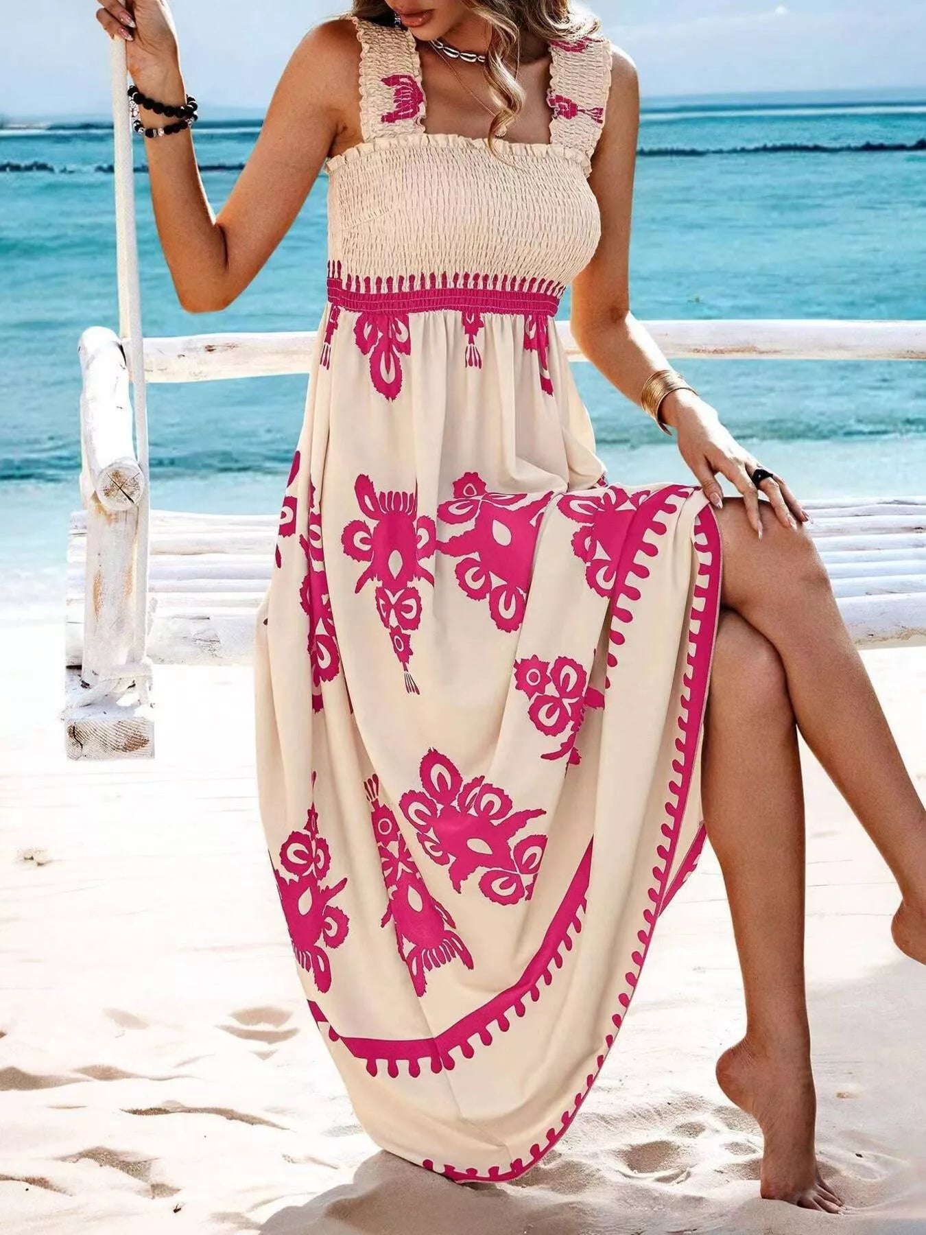 Smocked Printed Square Neck Maxi Dress