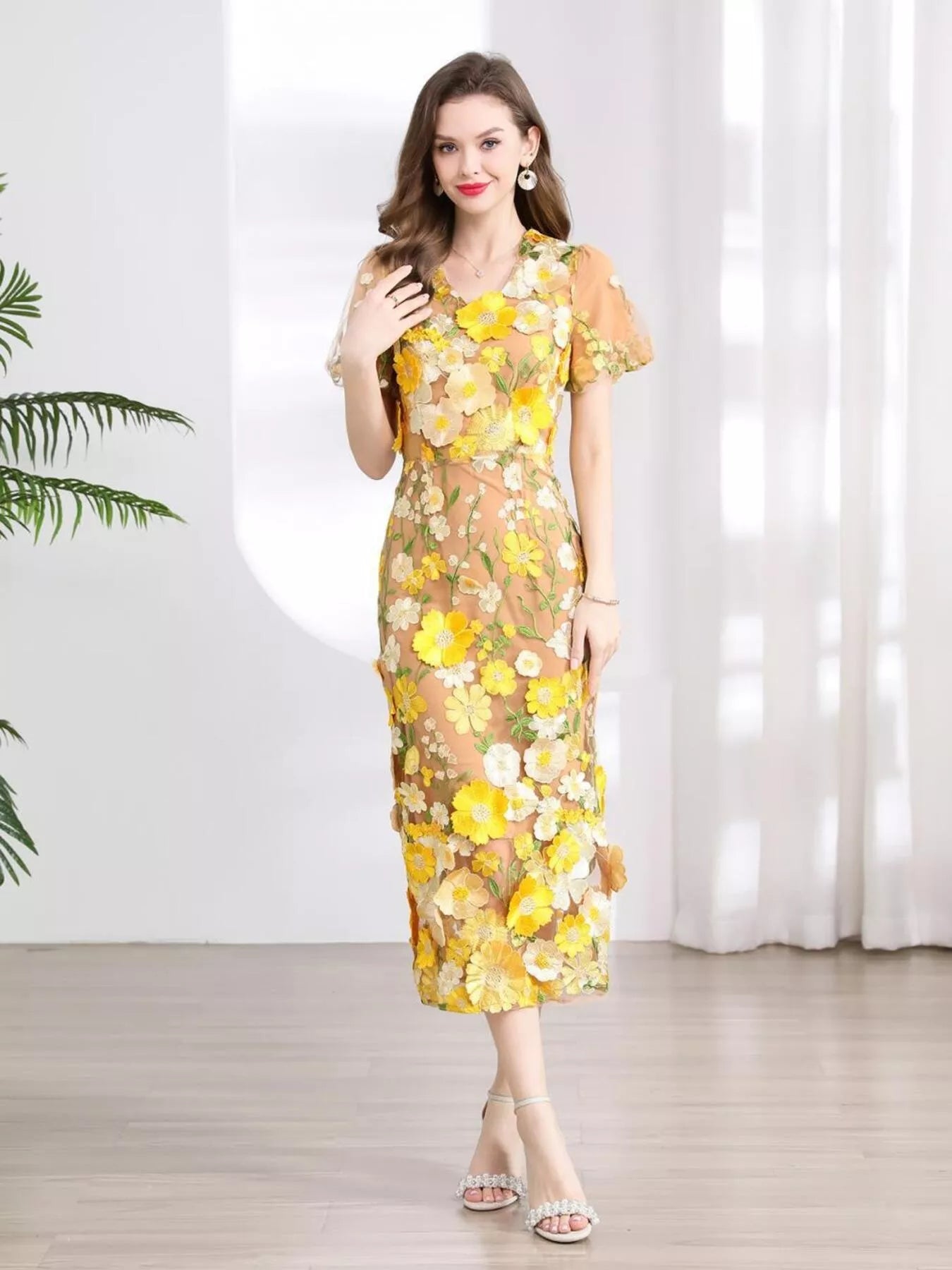 Floral Embroidered Puff Sleeve Midi Dress