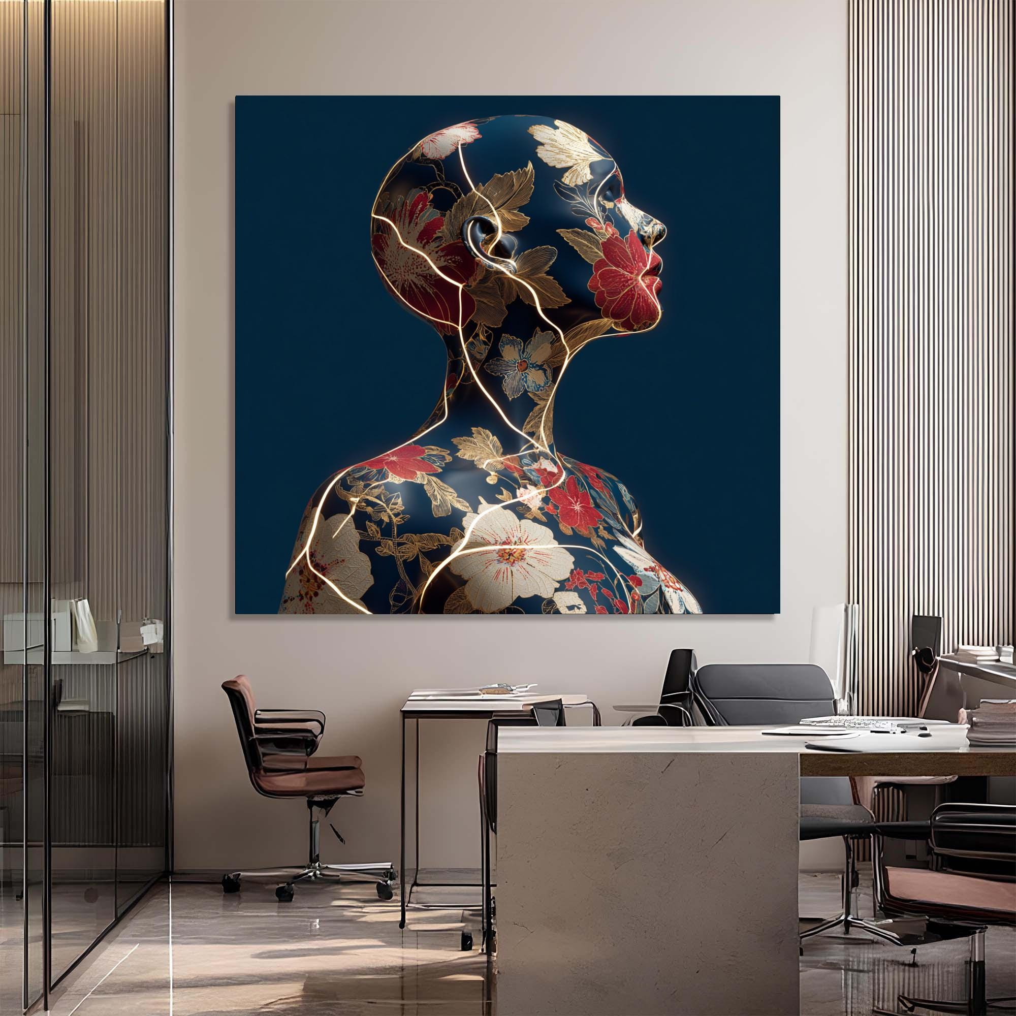 Floral Woman Tempered Glass Wall Art | Golden Crack Accent