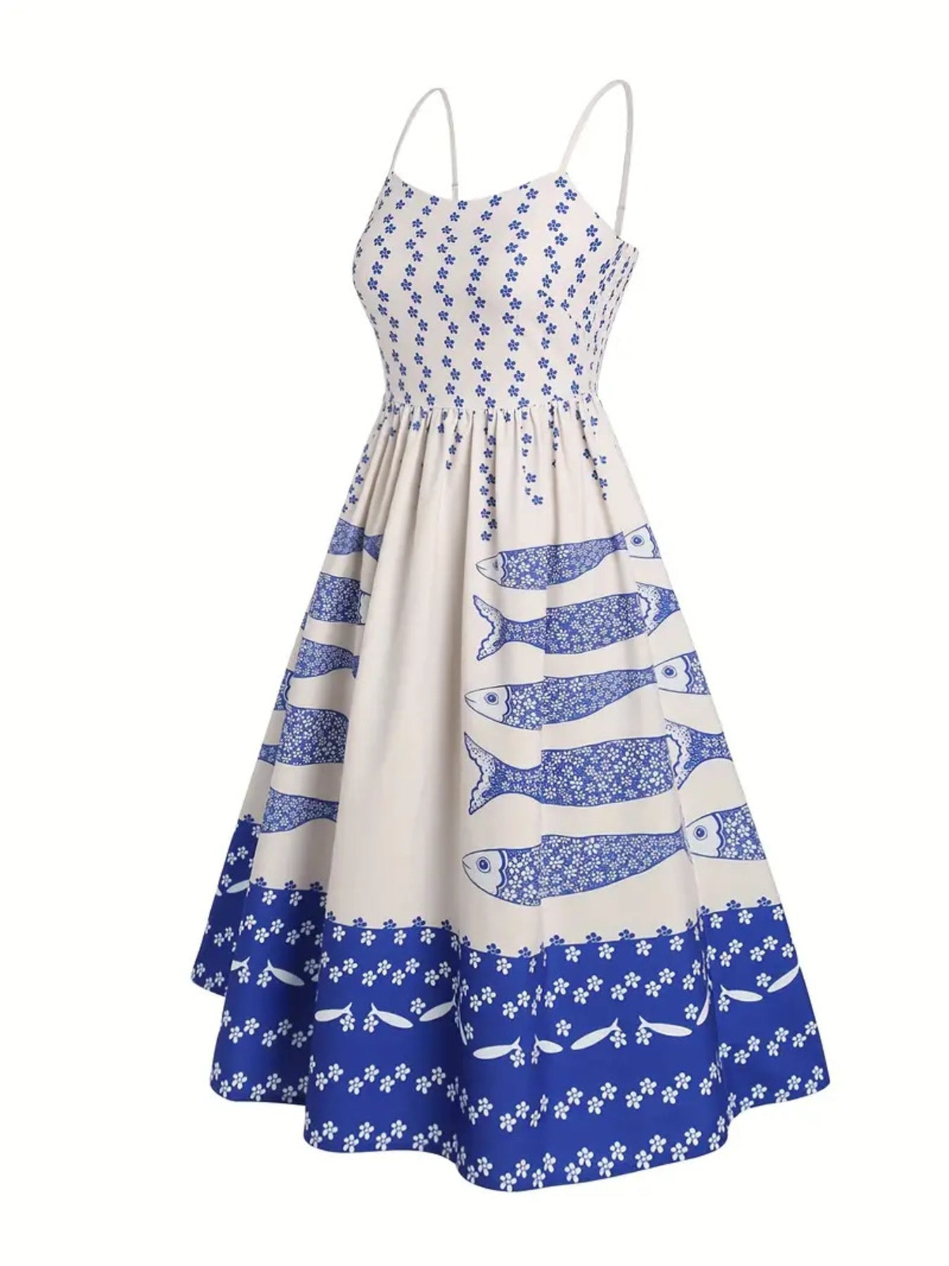 Sardine Print Spaghetti Strap Midi Dress