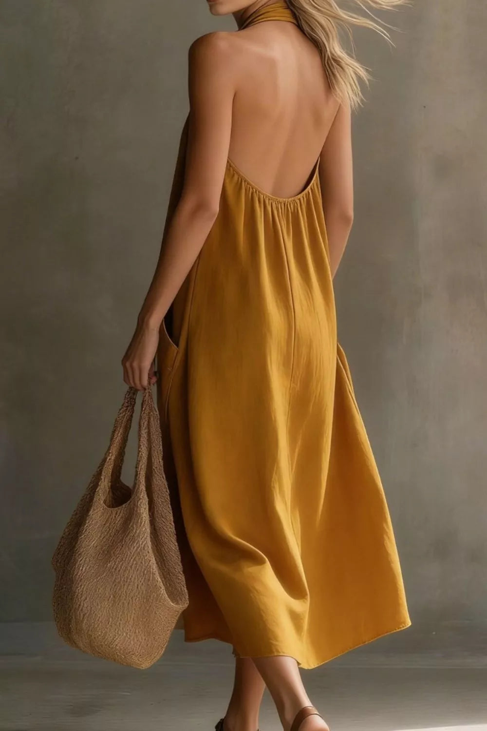 Casual Halter Neck Pocket Midi Dress