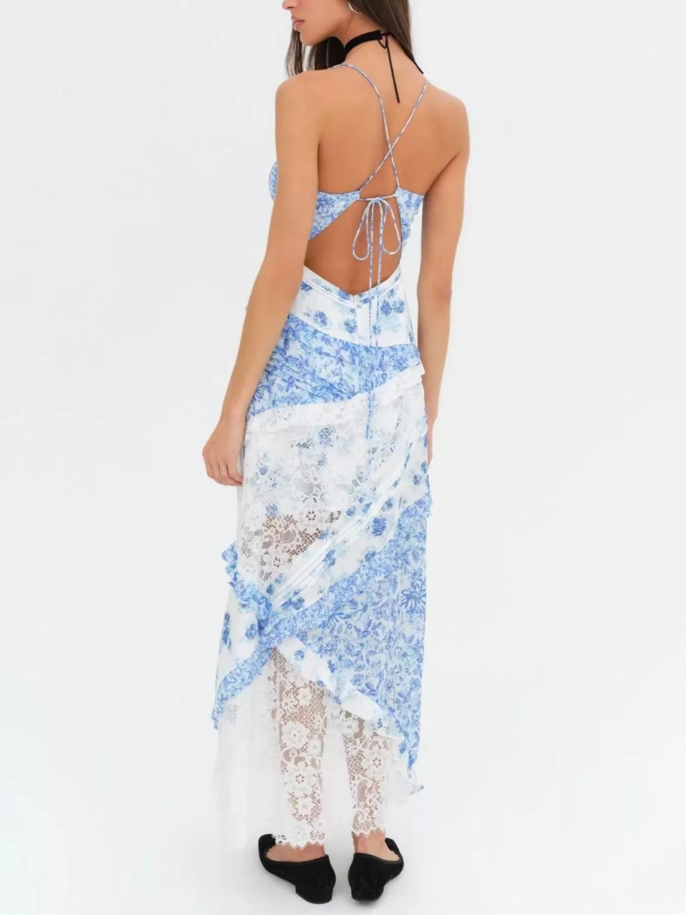 Lace Floral Print Ruffle Trim Maxi Dress