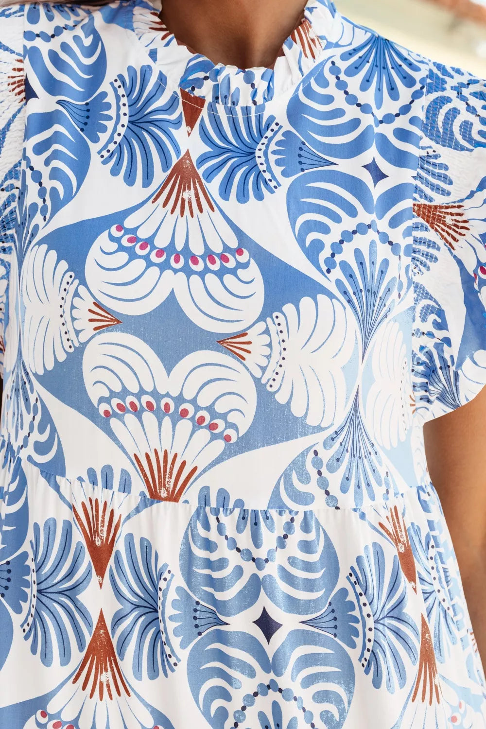 Tropical Botanic Print Flutter Sleeve Vacation Dress