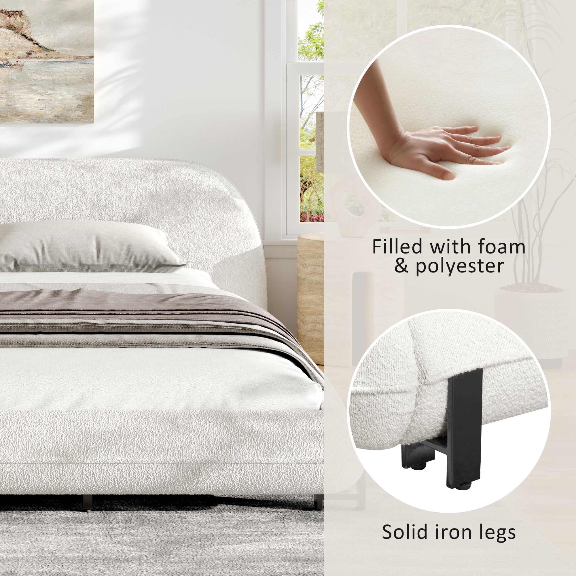 California King Size Bed Frame with Boucle Fabric and Thick Headboard