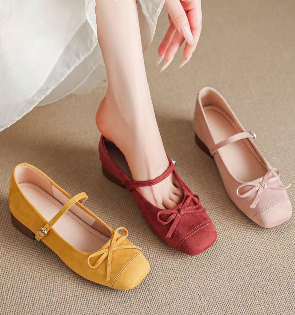 Soft Leather French Style Square Toe Mary Janes, Women 2026 Spring Bow Single Shoes With Single Strap, Daily Commute Flats