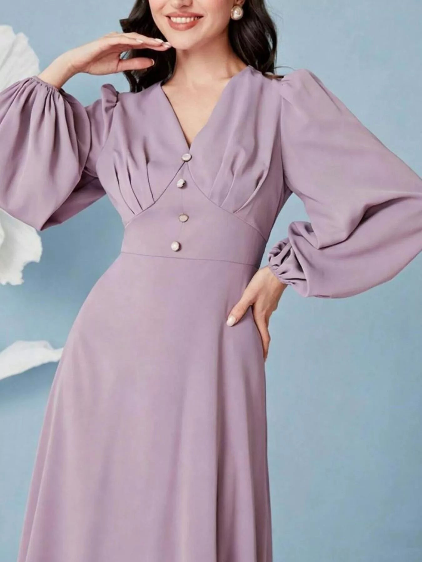 V-Neck Balloon Sleeve Maxi Dress