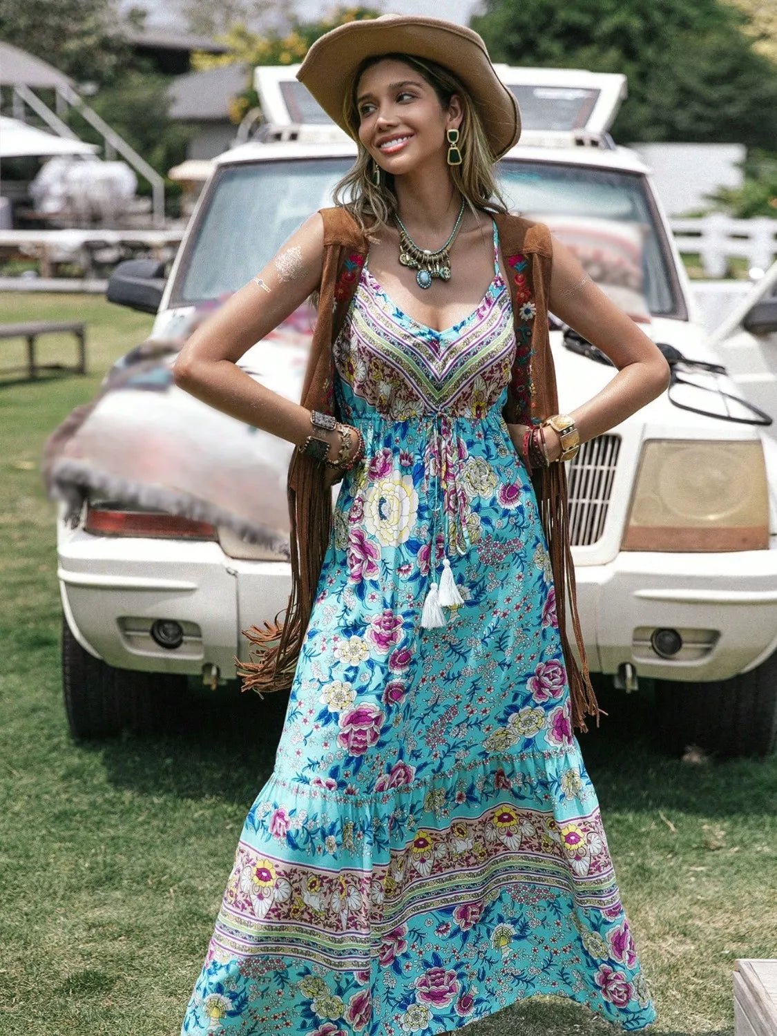 Tassel Floral Print Tiered Cami Dress
