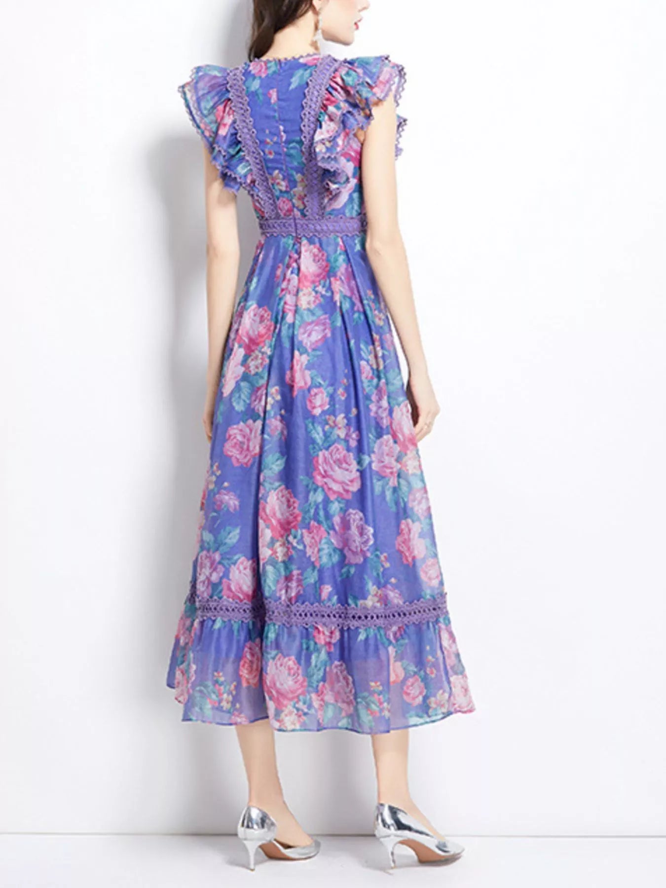 Floral Print Ruffle Sleeve Midi Dress