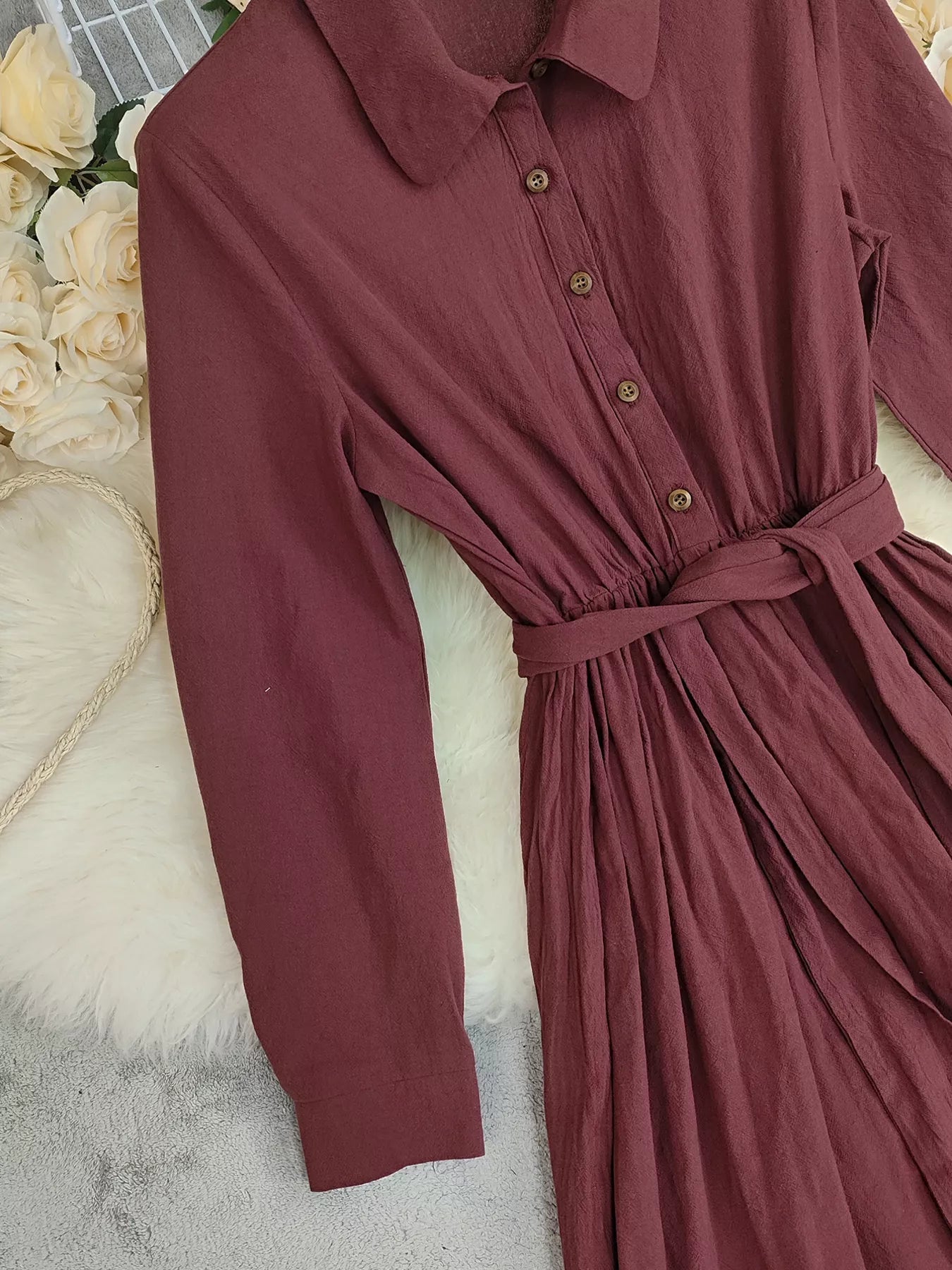Tie Waist Long Sleeve Ruffled Hem Dress