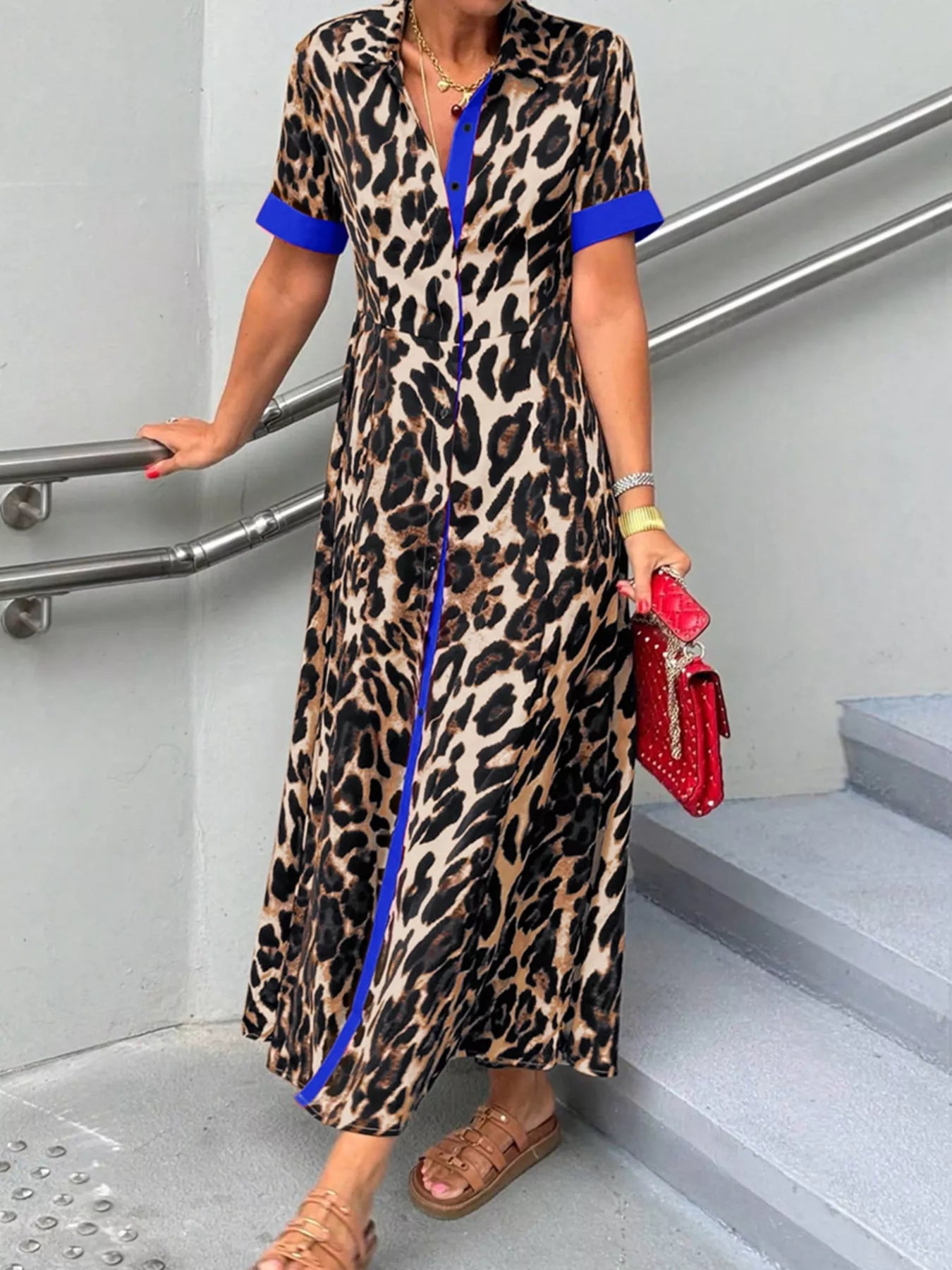 Leopard Print Button-Down Dress with Contrast Trim