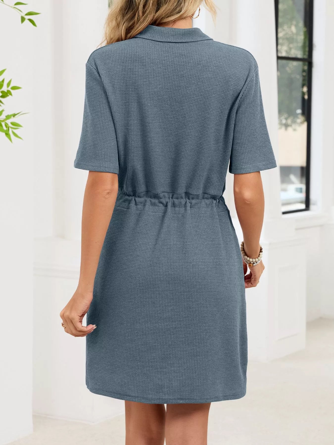 Casual Knit Polo Collar Drawstring Waist Dress