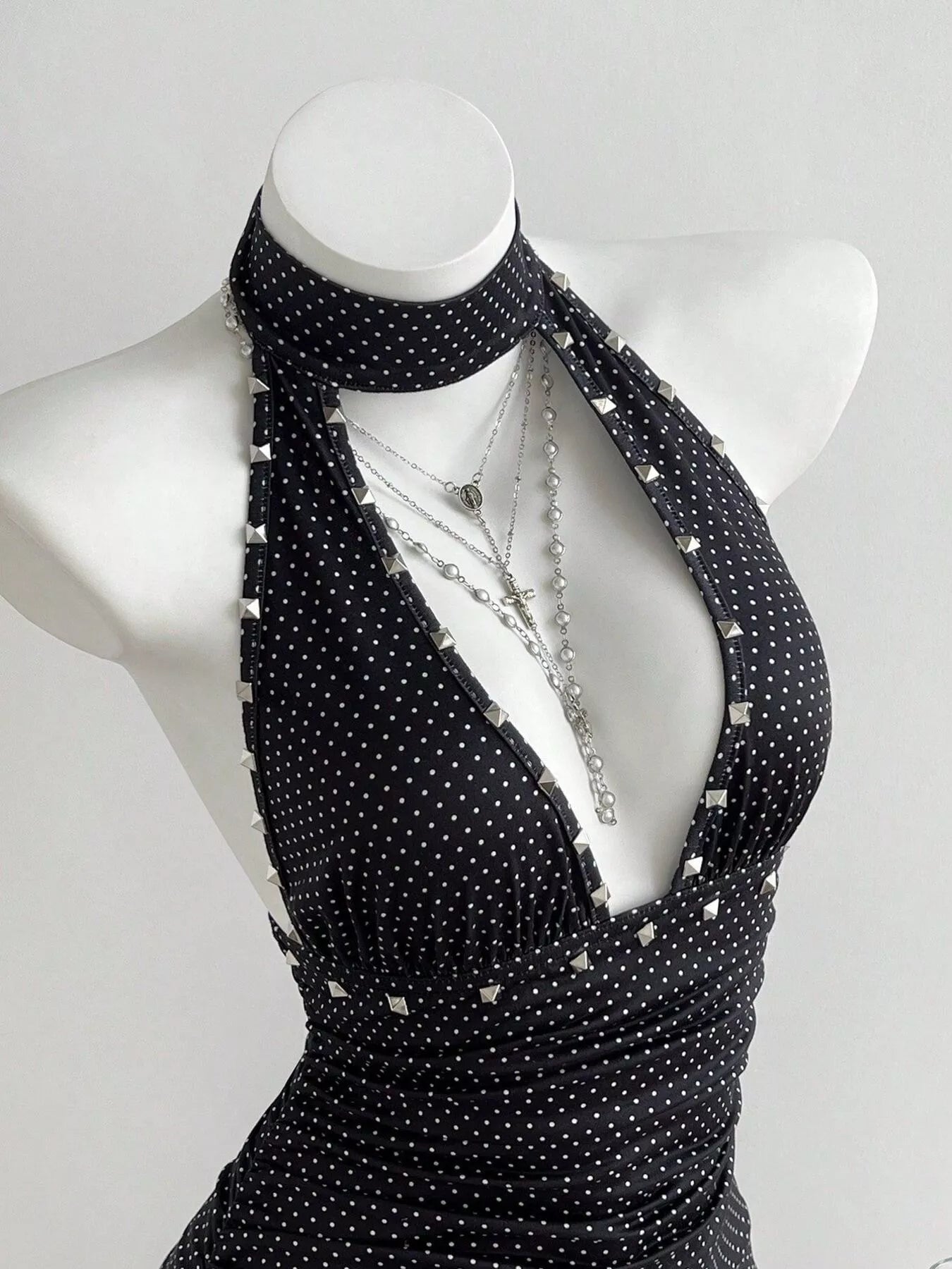 Polka Dot Cutout Front Halter Neck Dress