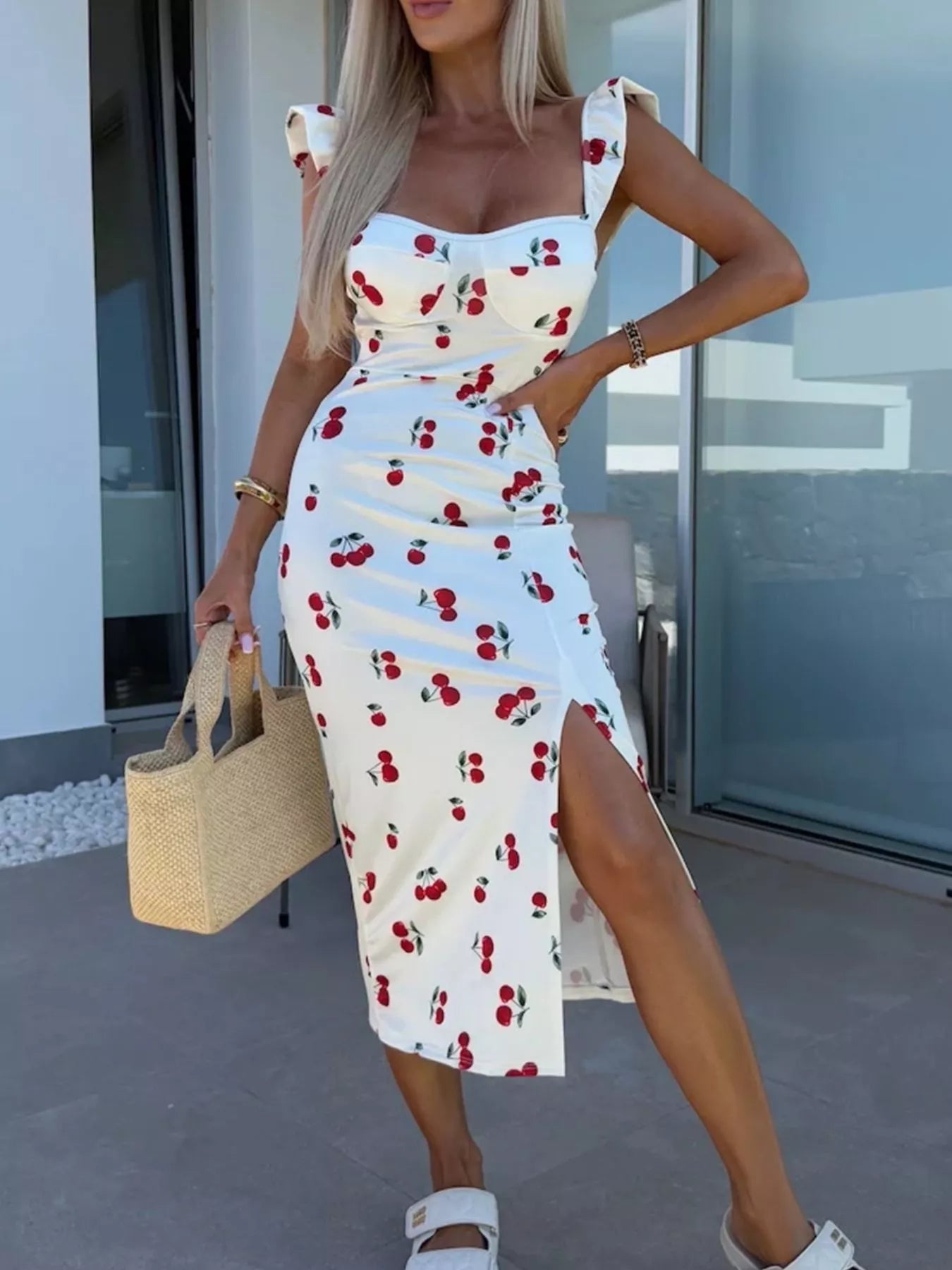 Slit Sweetheart Neck Midi Dress