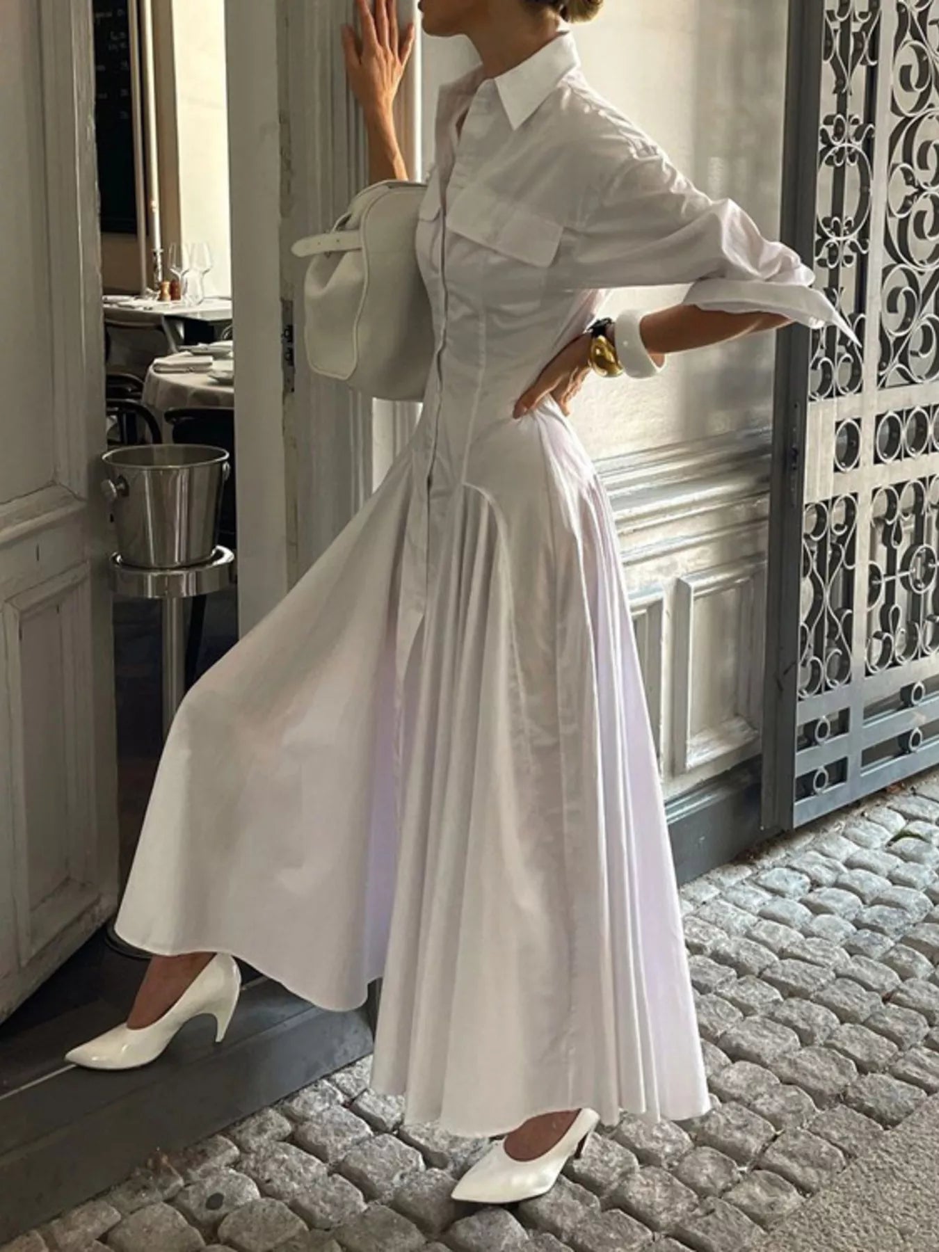 Button Front Long Sleeve Maxi Shirt Dress