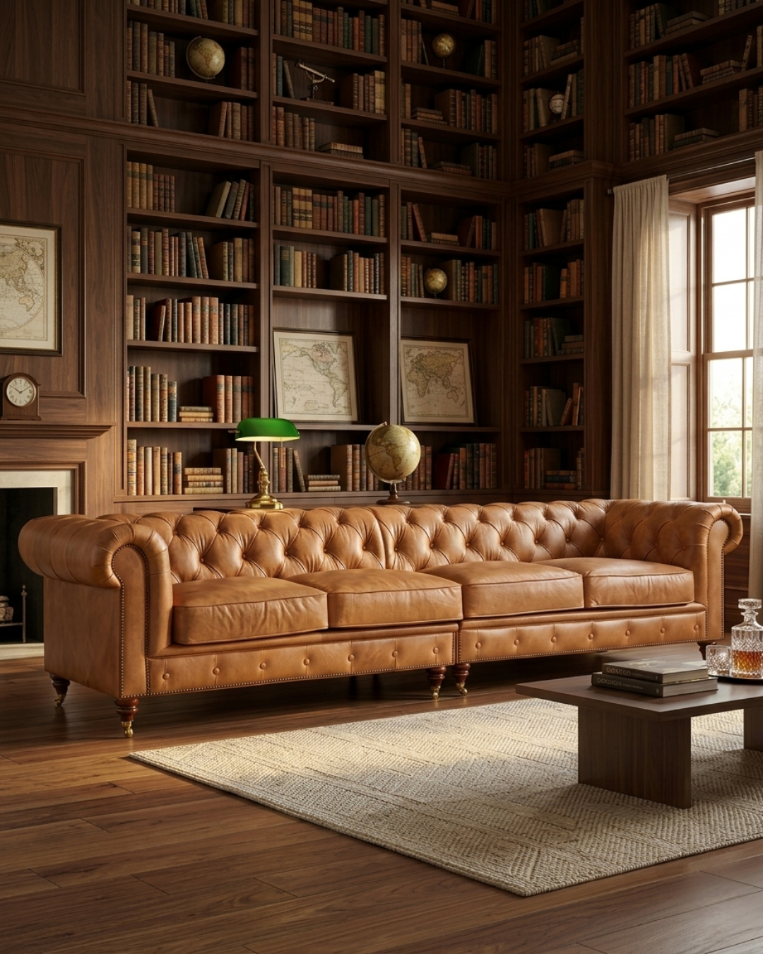 Century Chesterfield Sofa - Light Brown Leather - 118"