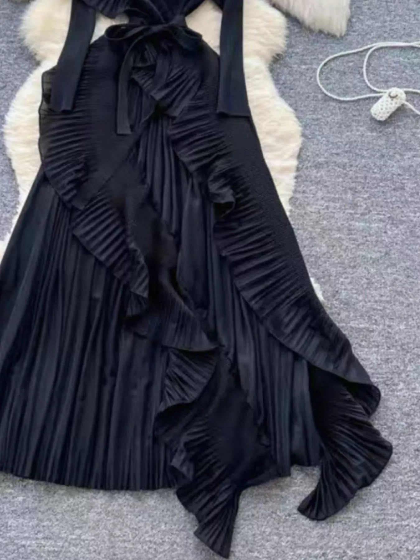 Ruffle Trim Pleated Midi Dress