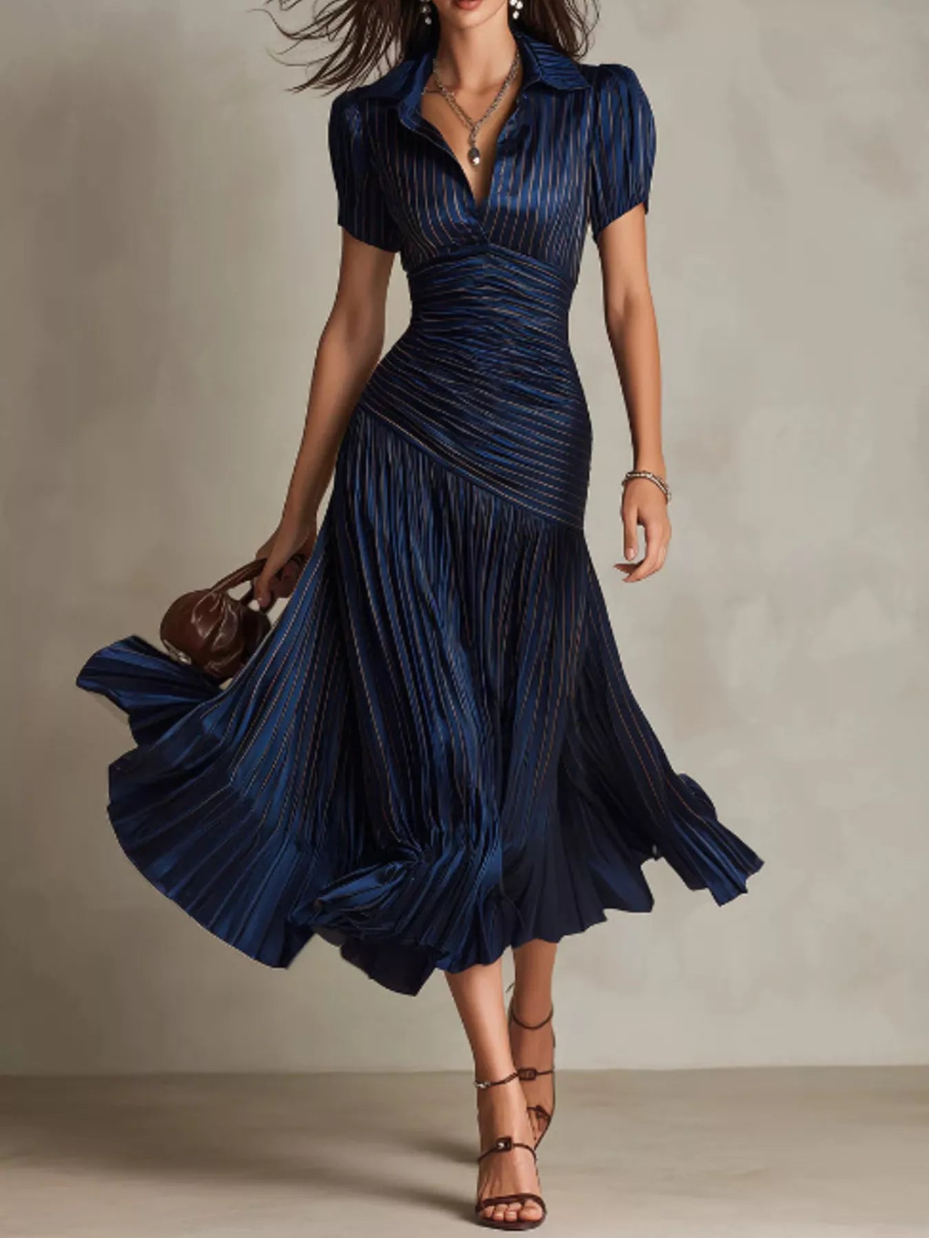 Ruched Pleated Short Sleeve Midi Dress